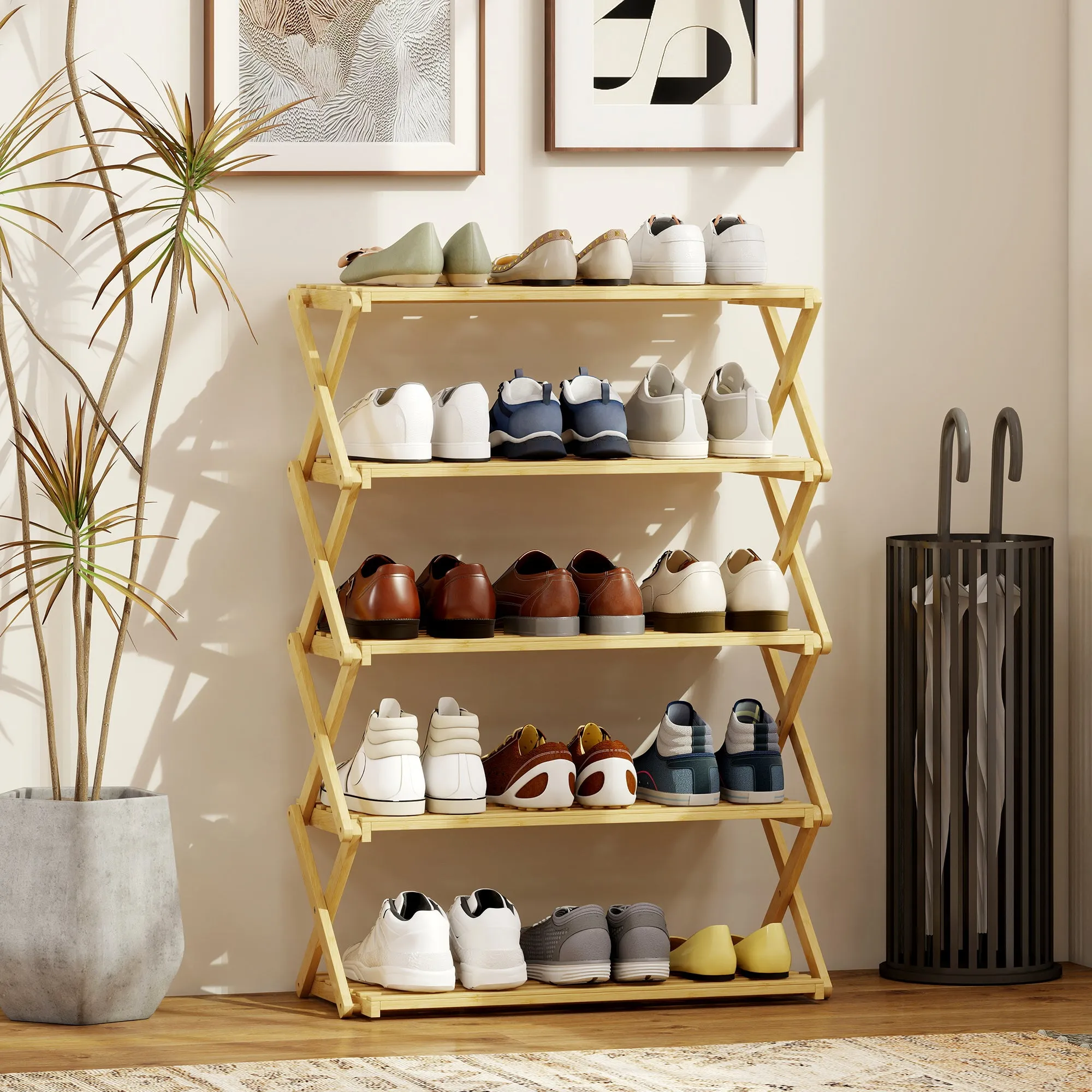 5-Tier Folding Shoe Rack, Ready-to-Use, Bamboo, 60x29x88 cm, Wood Color - Image 2