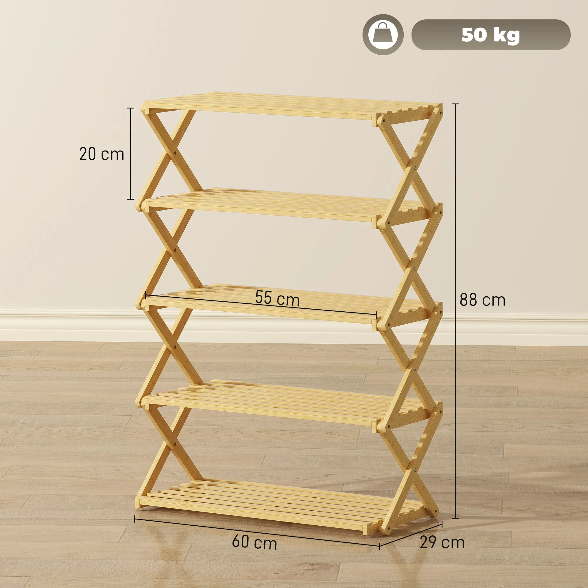 5-Tier Folding Shoe Rack, Ready-to-Use, Bamboo, 60x29x88 cm, Wood Color - Image 3
