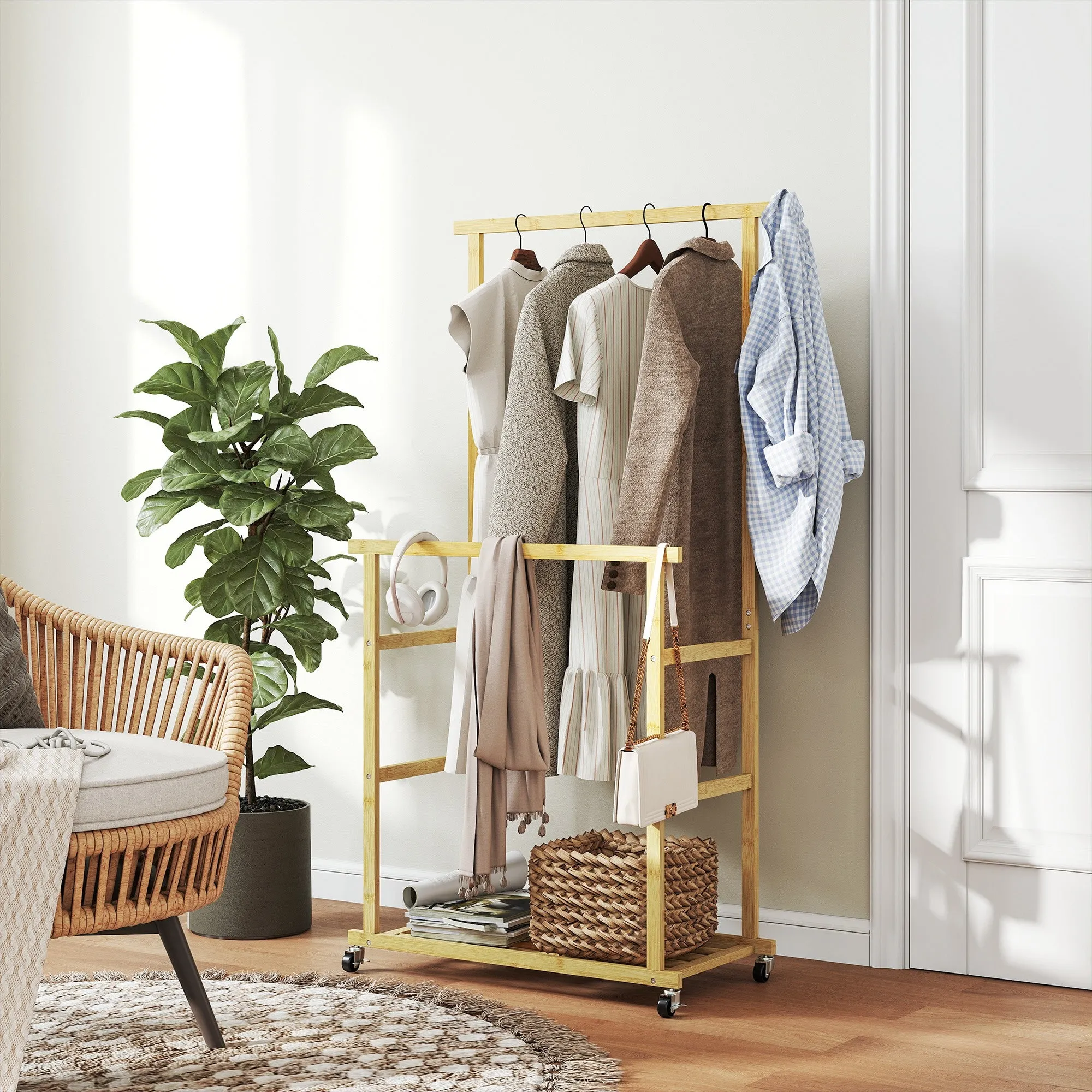 Bamboo Clothes Rail with 2 Rails, Lower Shelf and 4 Wheels, 80x40x160 cm, Natural Wood - Image 2