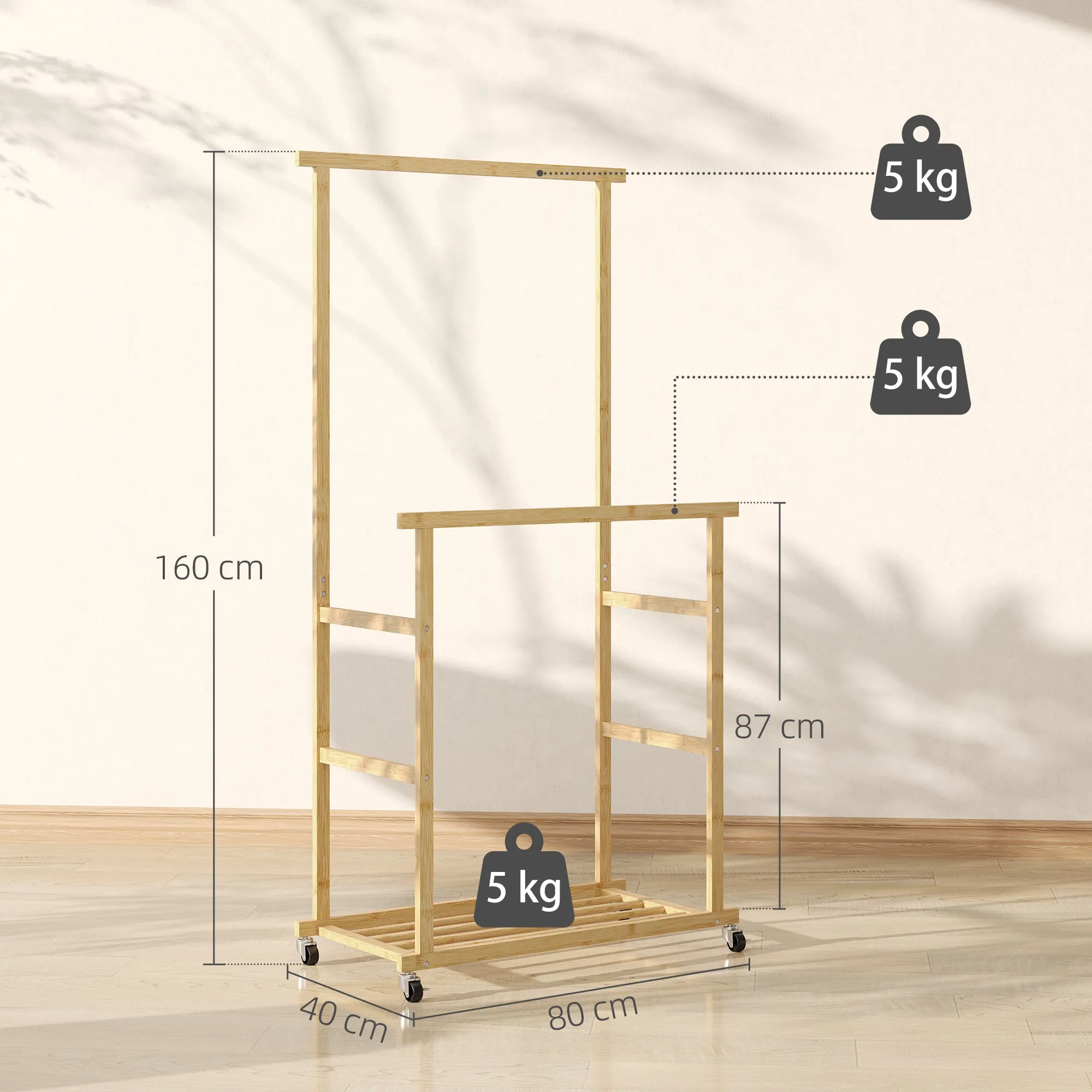 Bamboo Clothes Rail with 2 Rails, Lower Shelf and 4 Wheels, 80x40x160 cm, Natural Wood - Image 3