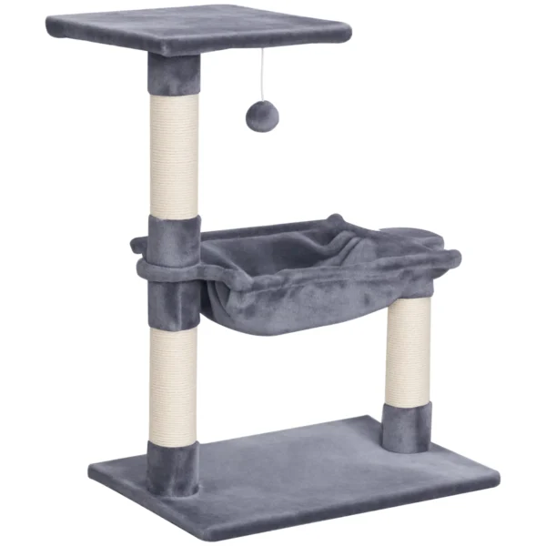 Multi-Level Cat Scratching Post with Hammock and Ball, Wood and Plush, 50x36x70cm, Grey