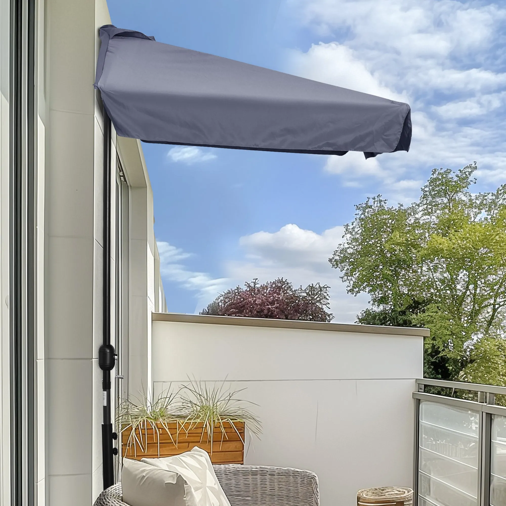 Outsunny 2.5x2.3m Semicircular Wall-Mounted Umbrella with Crank Opening, Metal and Polyester, Grey - Image 2