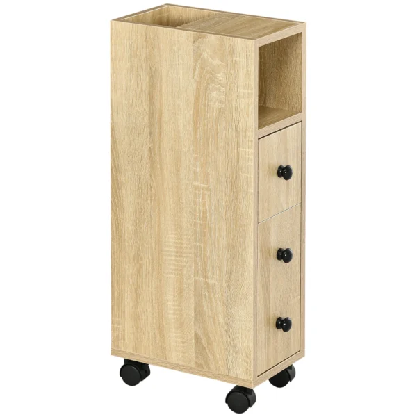 Kleankin Bathroom Cabinet, Bathroom Furniture with 4 Wheels, 1 Drawer, 1 Cabinet with Door, 2 Open Cabinets, Oak Color, 18x30x68.5 cm