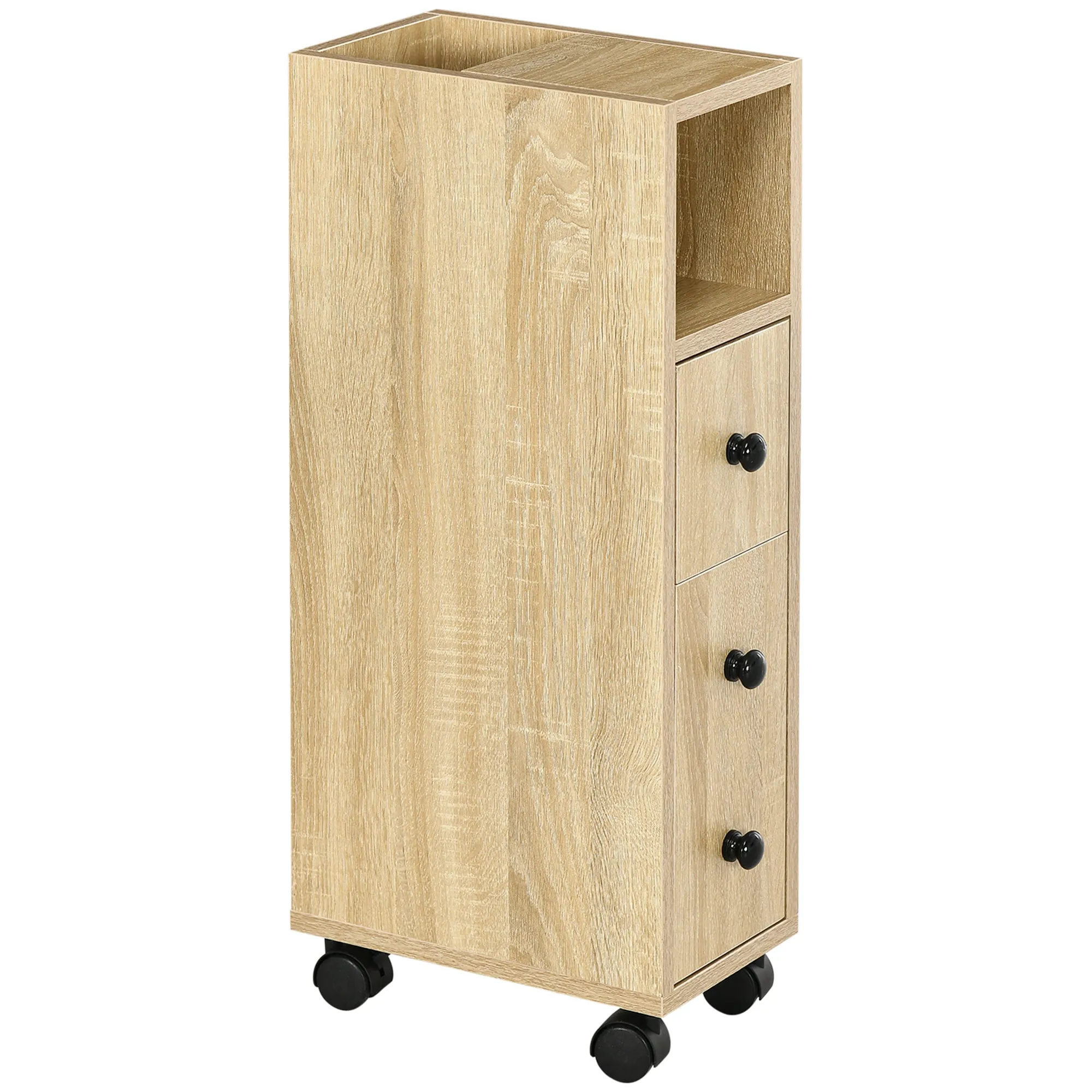 Kleankin Bathroom Cabinet, Bathroom Furniture with 4 Wheels, 1 Drawer, 1 Cabinet with Door, 2 Open Cabinets, Oak Color, 18x30x68.5 cm