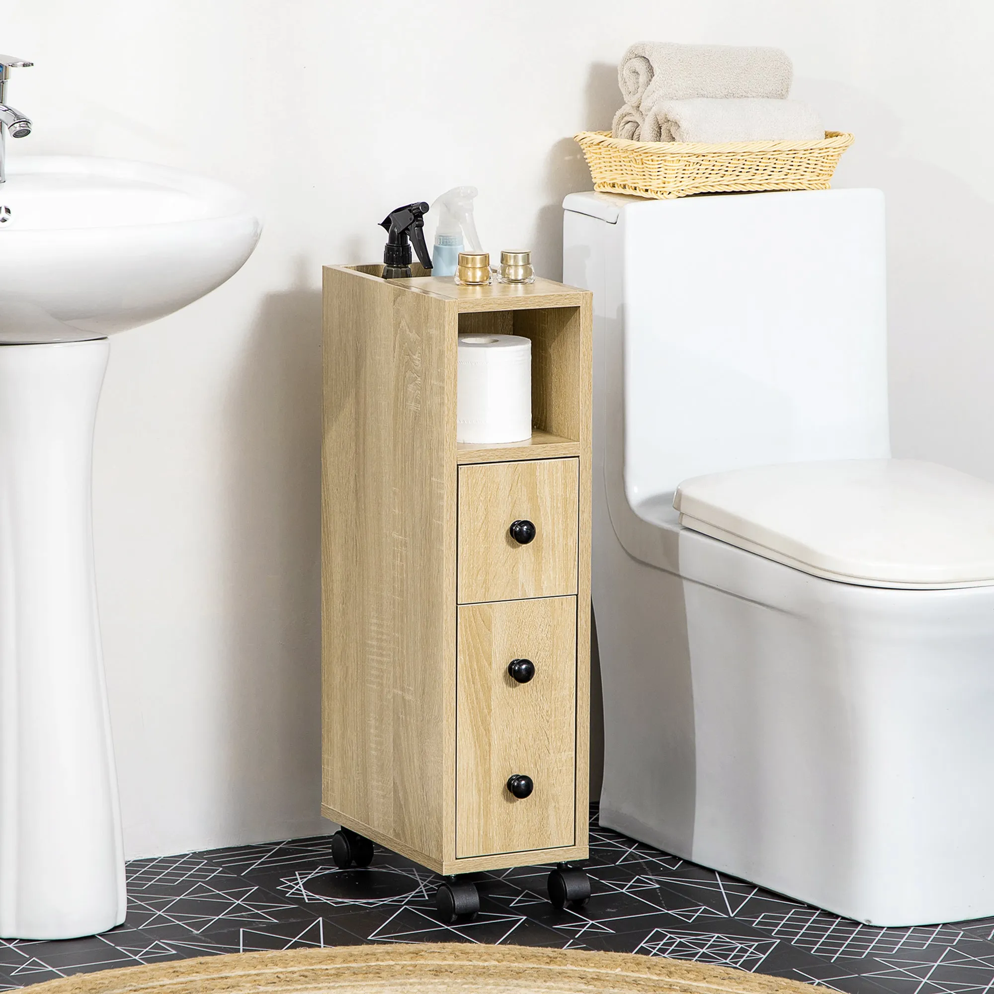 Kleankin Bathroom Cabinet, Bathroom Furniture with 4 Wheels, 1 Drawer, 1 Cabinet with Door, 2 Open Cabinets, Oak Color, 18x30x68.5 cm - Image 2