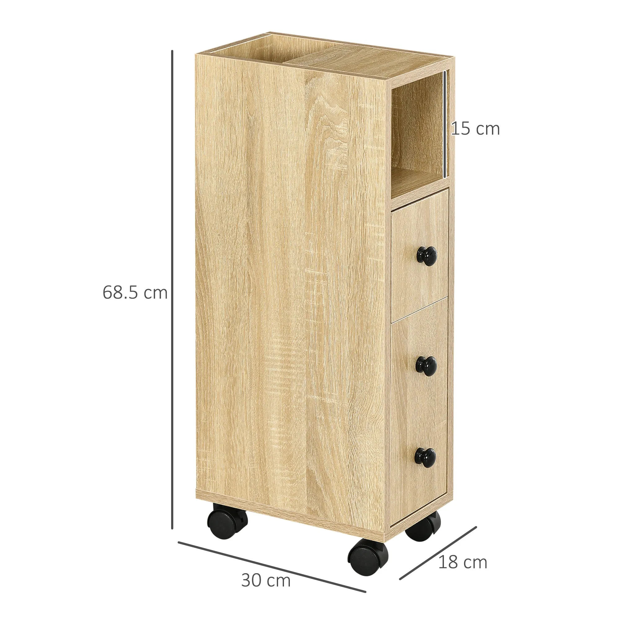 Kleankin Bathroom Cabinet, Bathroom Furniture with 4 Wheels, 1 Drawer, 1 Cabinet with Door, 2 Open Cabinets, Oak Color, 18x30x68.5 cm - Image 3