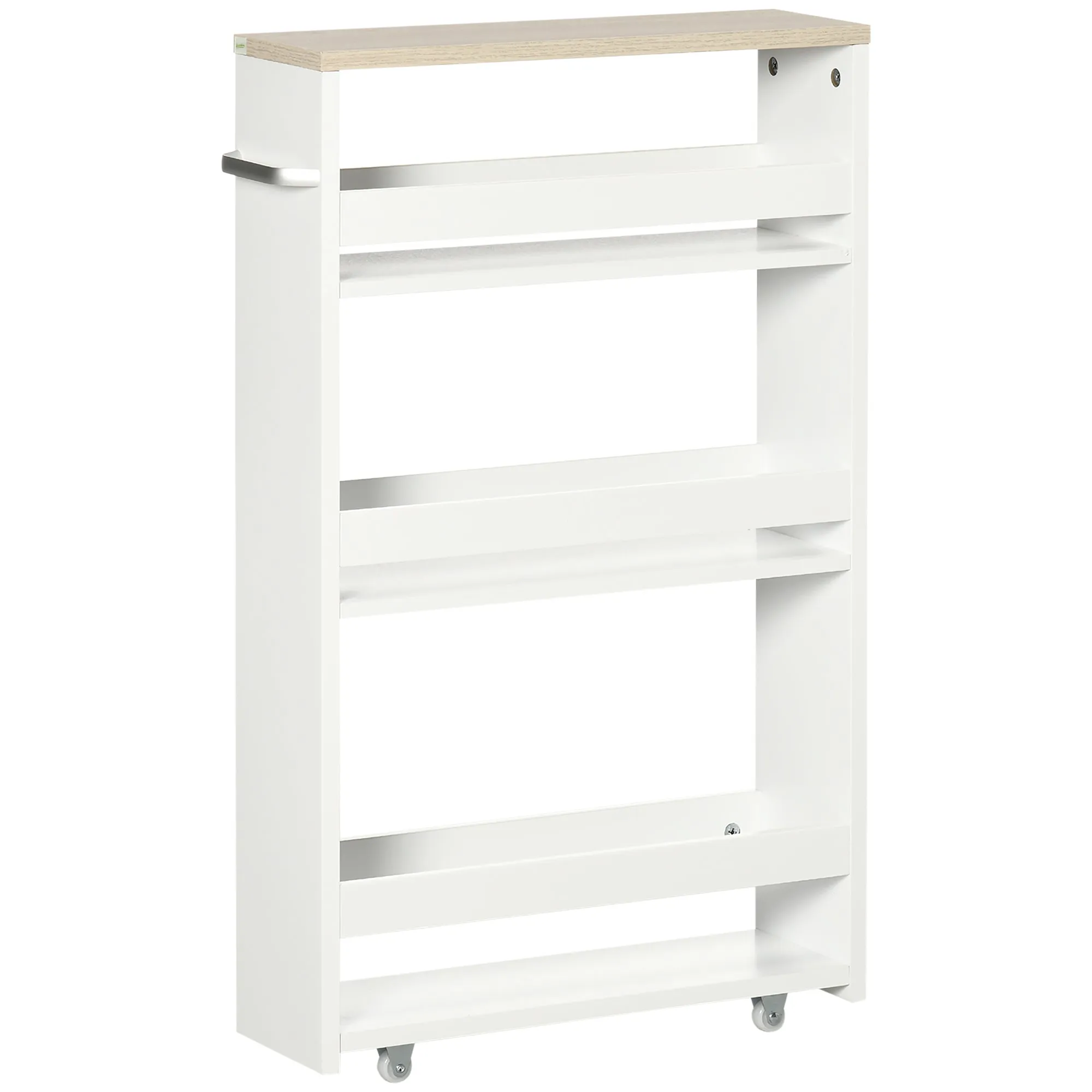 kleankin Space-Saving 3-Tier Bathroom Cart with Wheels and Wooden Handle, 48x15x80cm, White