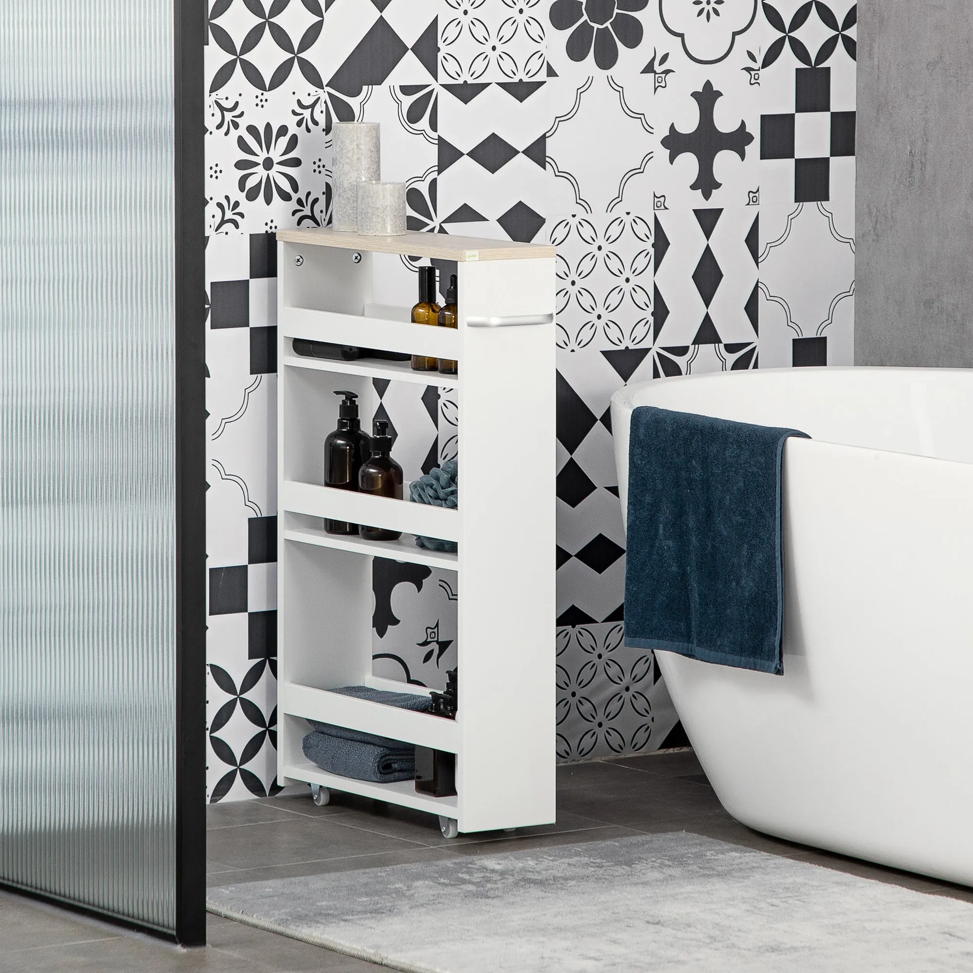 kleankin Space-Saving 3-Tier Bathroom Cart with Wheels and Wooden Handle, 48x15x80cm, White - Image 2