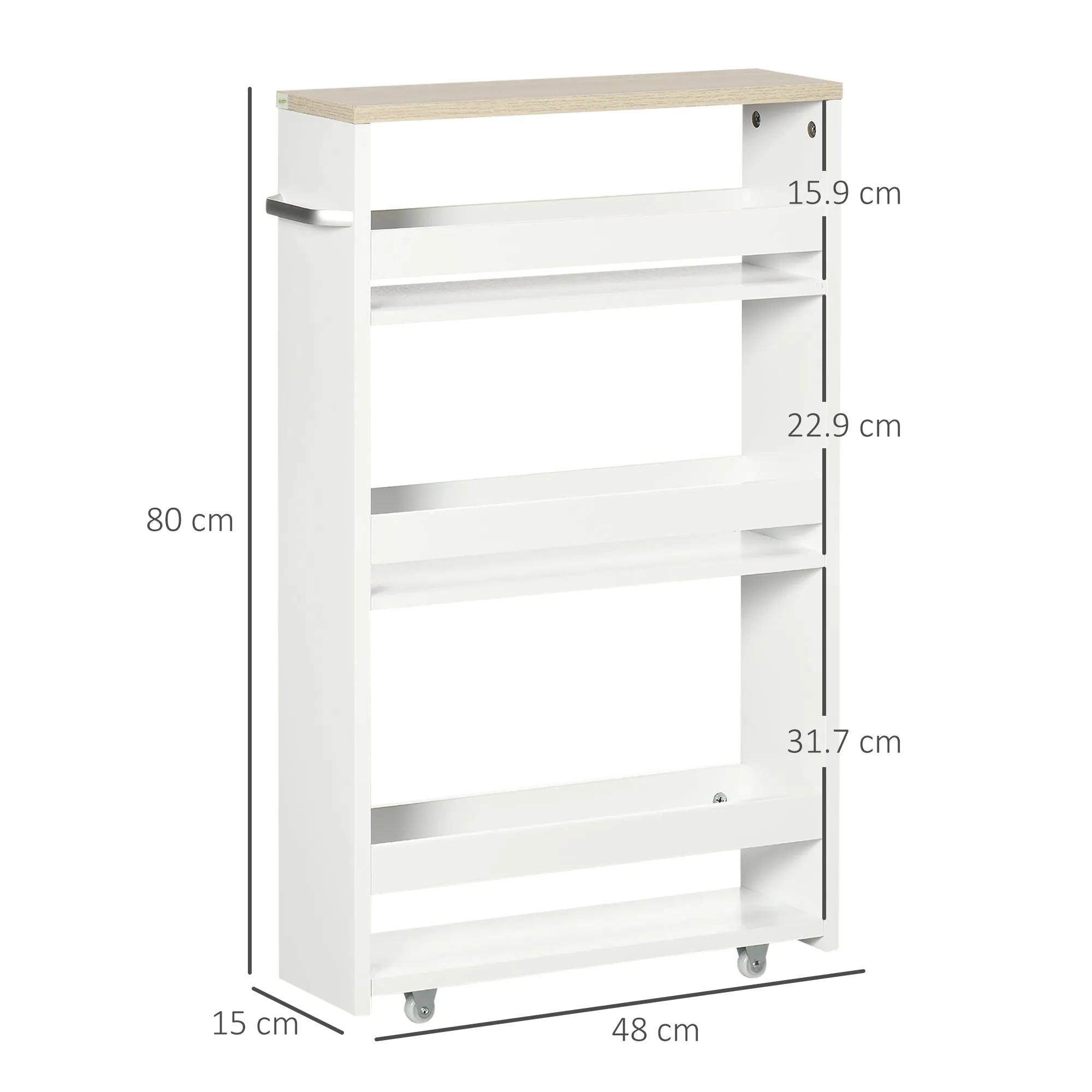 kleankin Space-Saving 3-Tier Bathroom Cart with Wheels and Wooden Handle, 48x15x80cm, White - Image 3