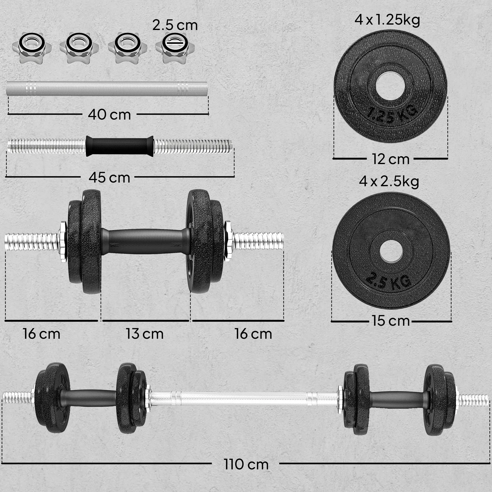 SPORTNOW 20kg Weight and Barbell Set with Non-Slip Grips, 8 Weight Discs, Barbell Bar and 2 Steel Dumbbell Bars - Image 3