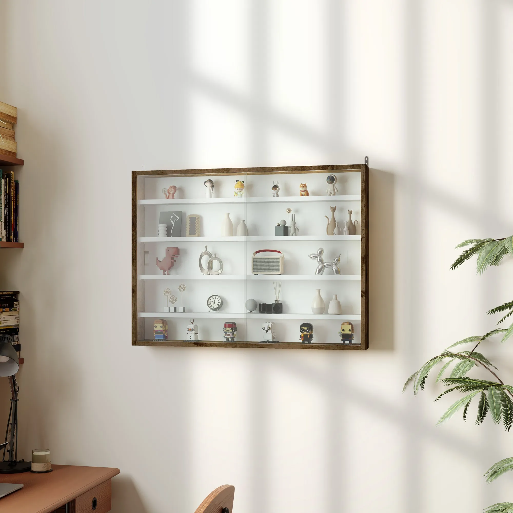 4-Tier Adjustable Display Cabinet, Wall-Mounted Glass and Wood Display Case, 80x9.5x60 cm, Brown - Image 2