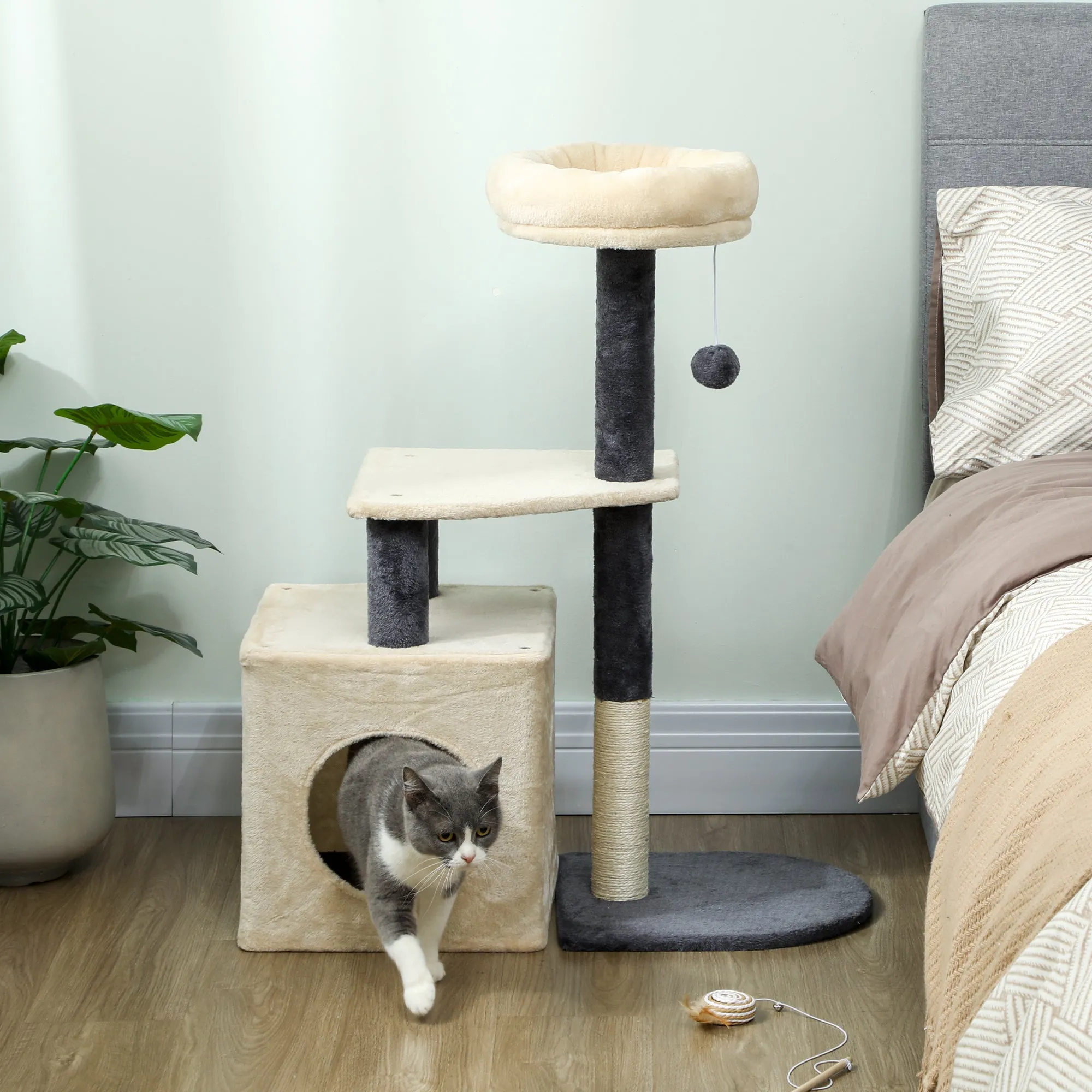92cm Cat Tree with House, Bed, Sisal Posts and Ball, Cream White - Image 2
