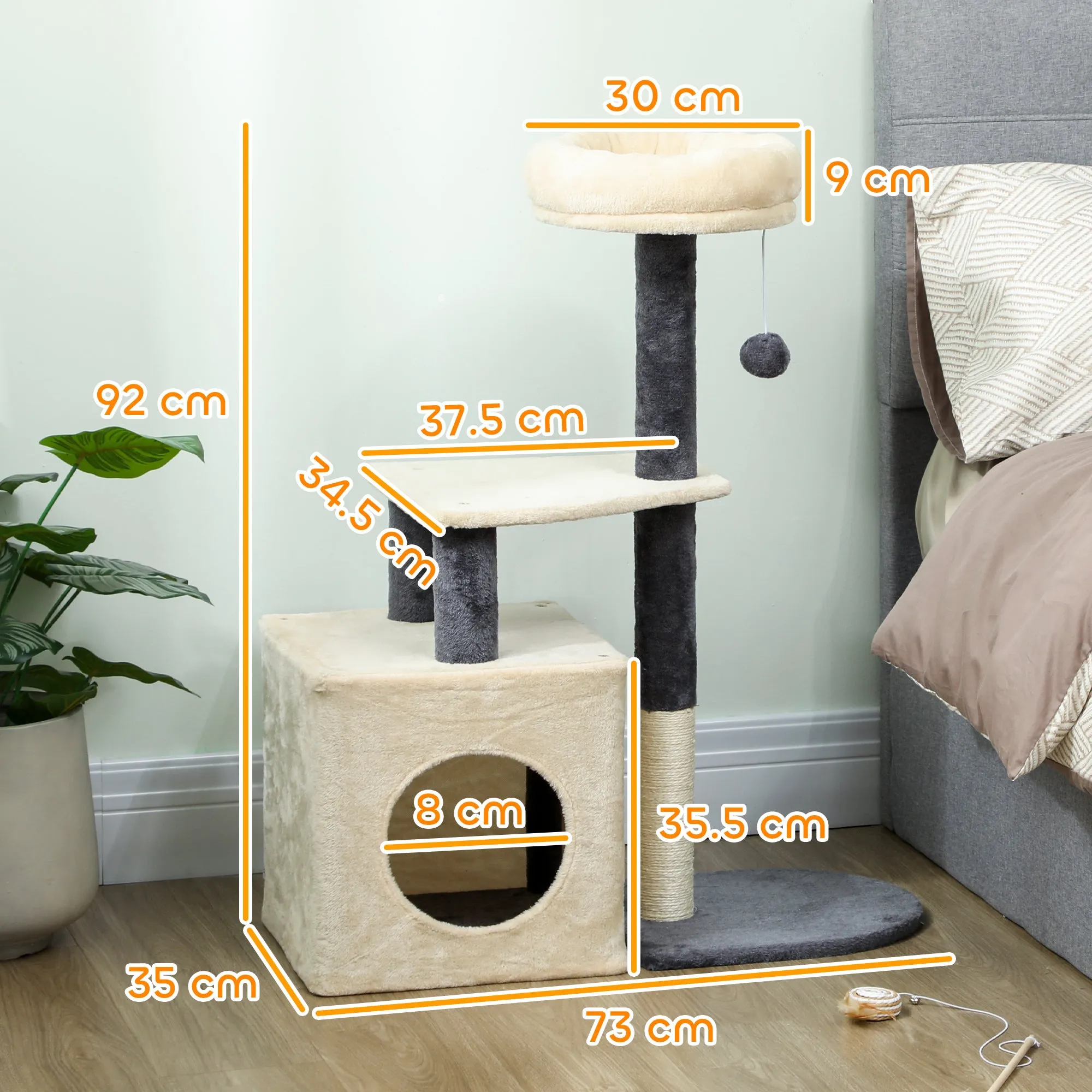 92cm Cat Tree with House, Bed, Sisal Posts and Ball, Cream White - Image 3