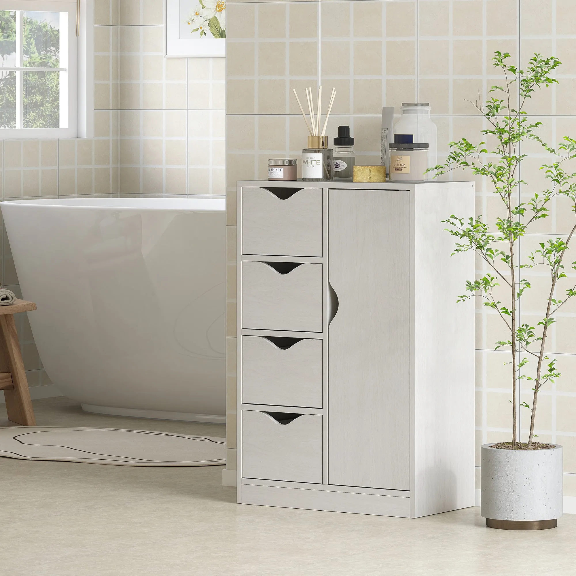 Bathroom Cabinet with 4 Drawers, 2-Tier Storage Cabinet with Cut-Out Handles, Wooden, 54x29x83 cm, White - Image 2