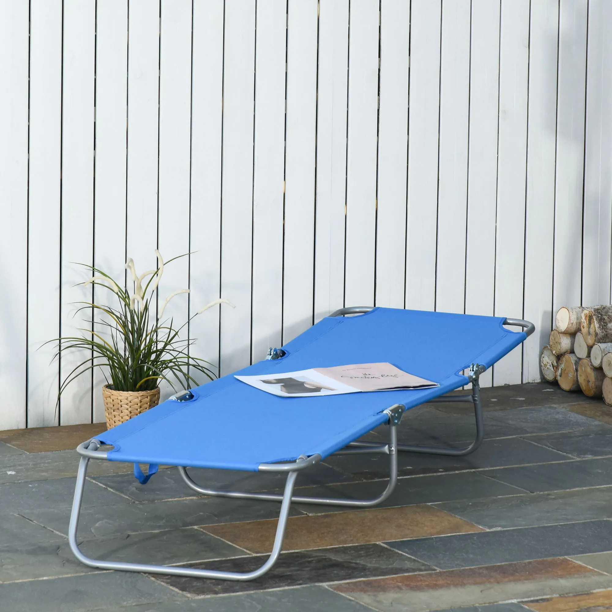 Outsunny Garden Lounger with 5-Position Adjustable Backrest, Folding Metal and Oxford Fabric Lounger, 187x55x24cm, Blue - Image 2