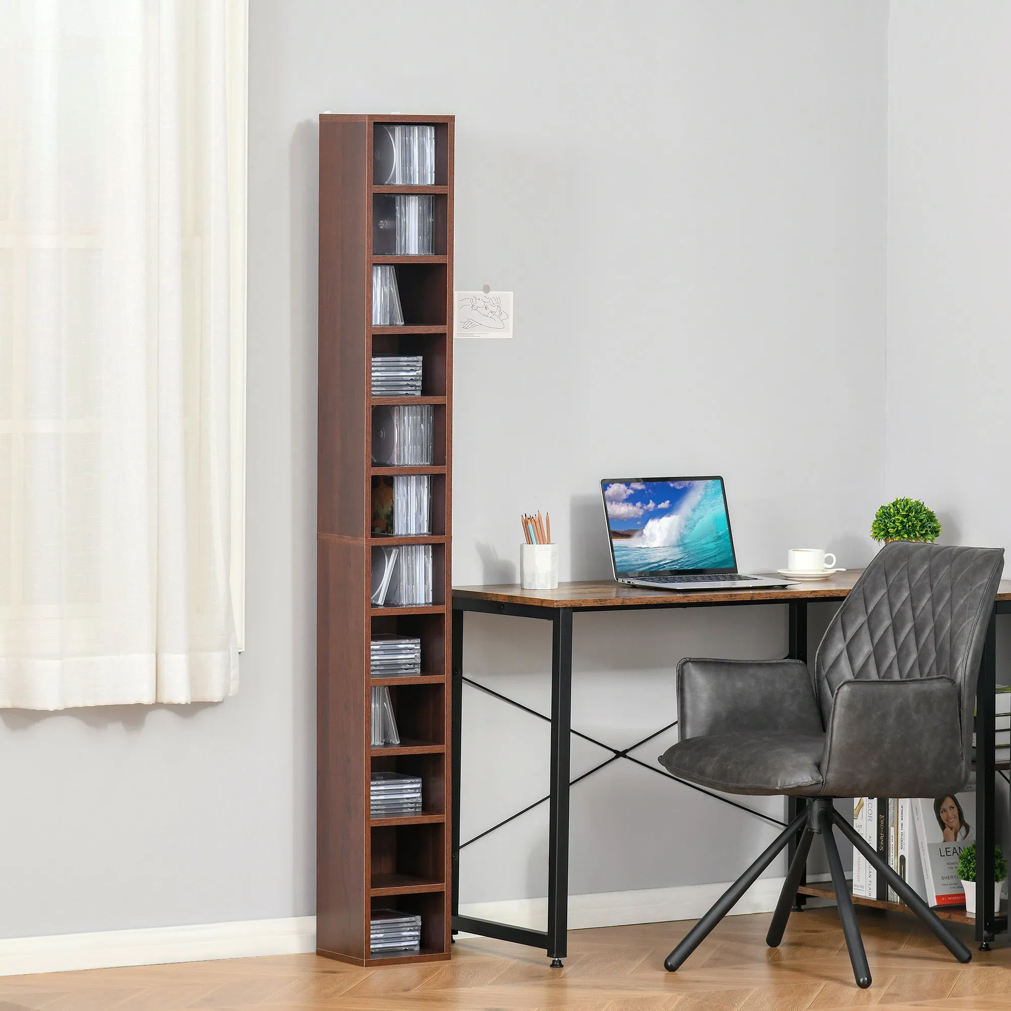 12-Tier CD Rack for 204 CDs, Bookcase for CDs, Video Games, Blu-ray Discs in MDF and Chipboard, 21x20x175 cm, Brown - Image 2