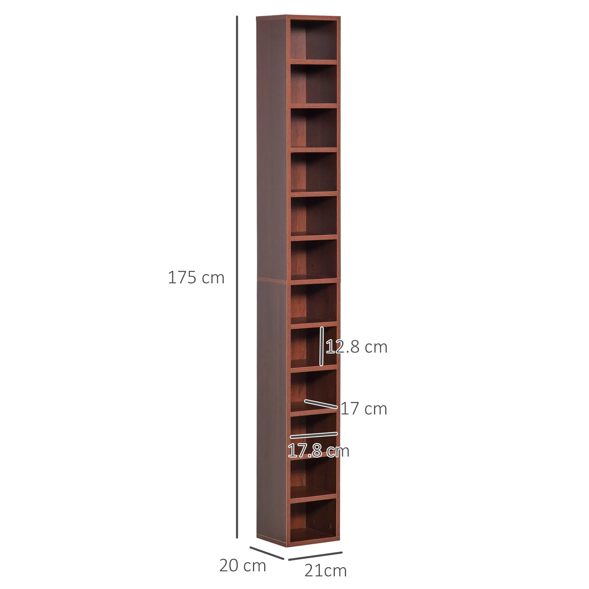 12-Tier CD Rack for 204 CDs, Bookcase for CDs, Video Games, Blu-ray Discs in MDF and Chipboard, 21x20x175 cm, Brown - Image 3