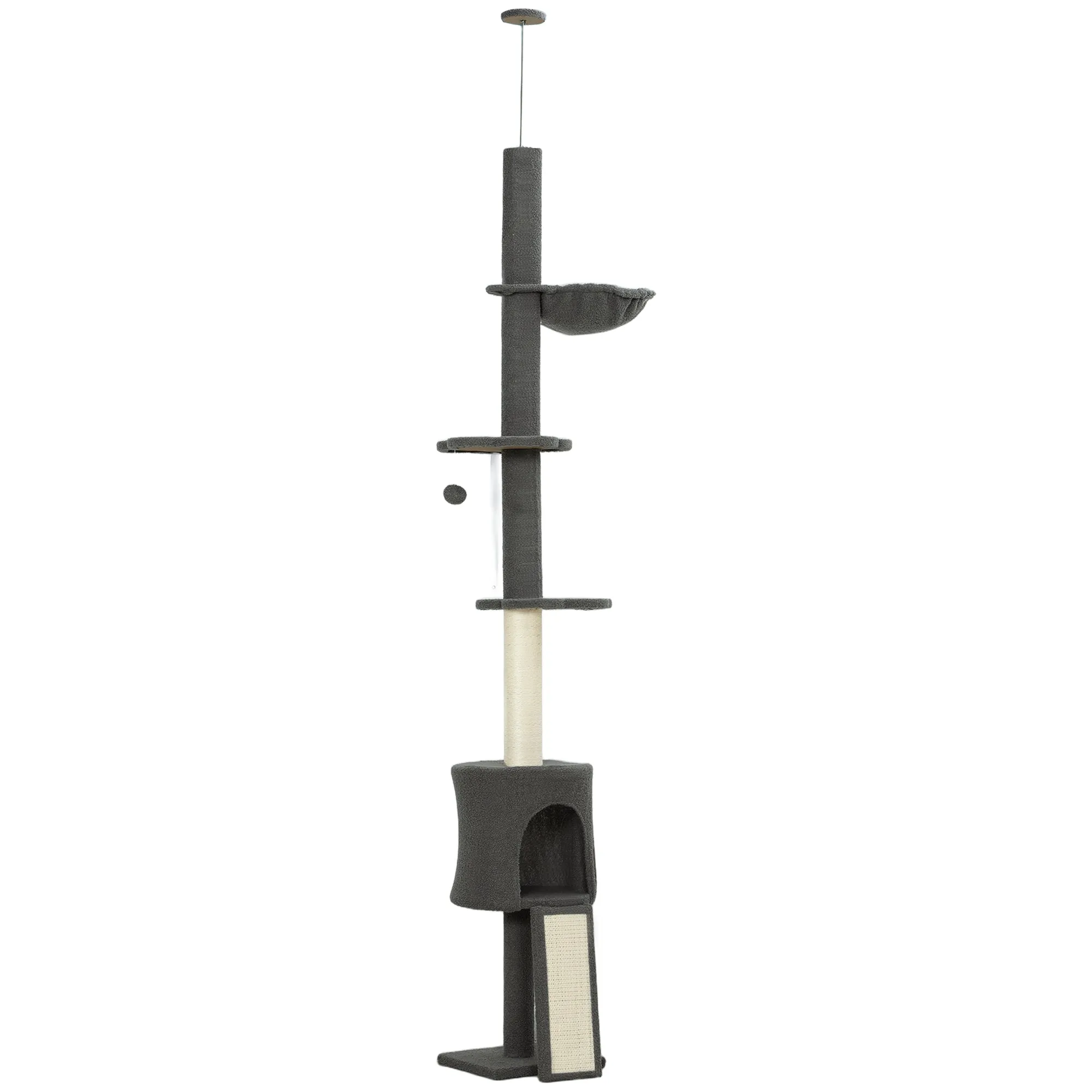 220-240cm High Ceiling Cat Tree with Hammock, House, Flower Platforms and Sisal Posts, Grey