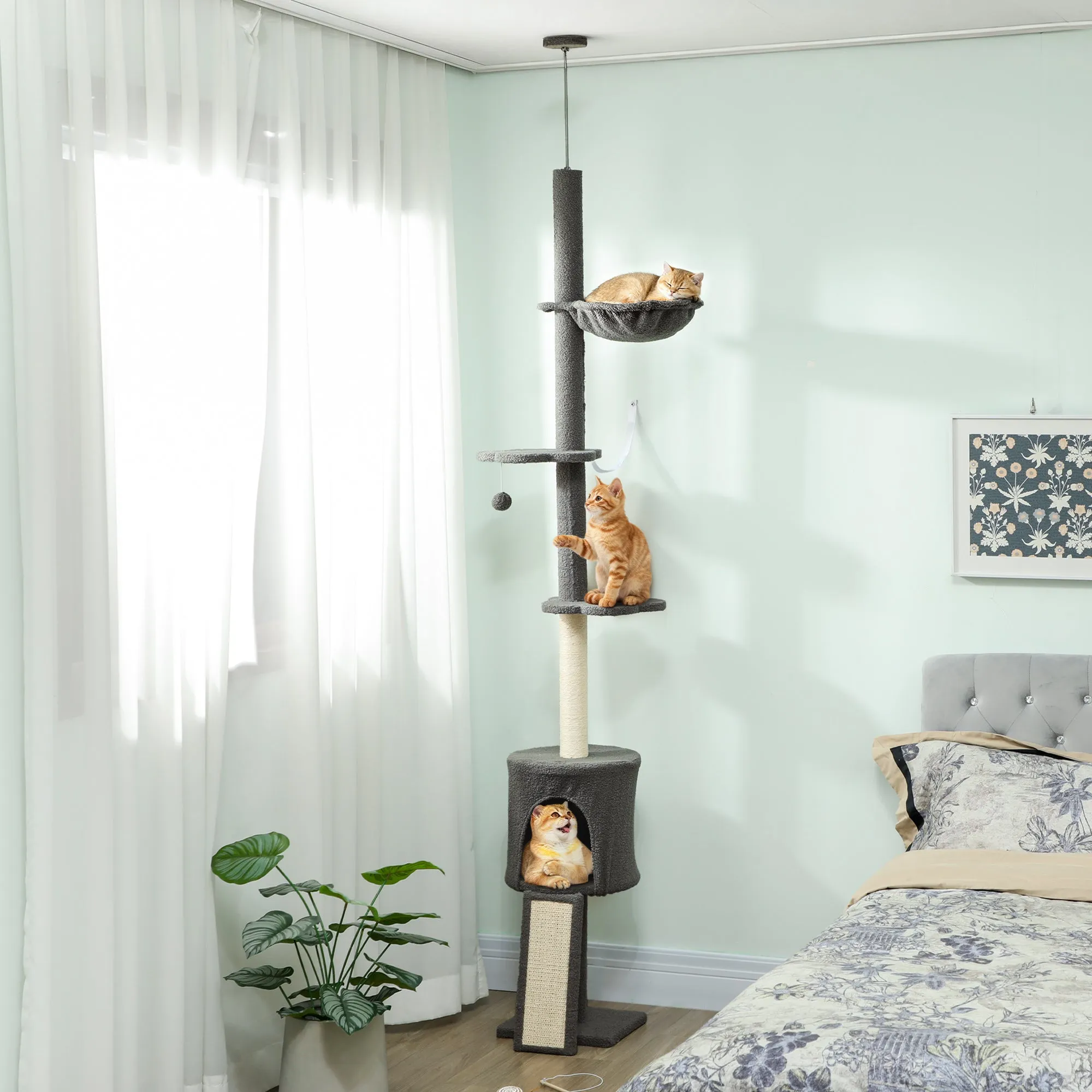 220-240cm High Ceiling Cat Tree with Hammock, House, Flower Platforms and Sisal Posts, Grey - Image 2