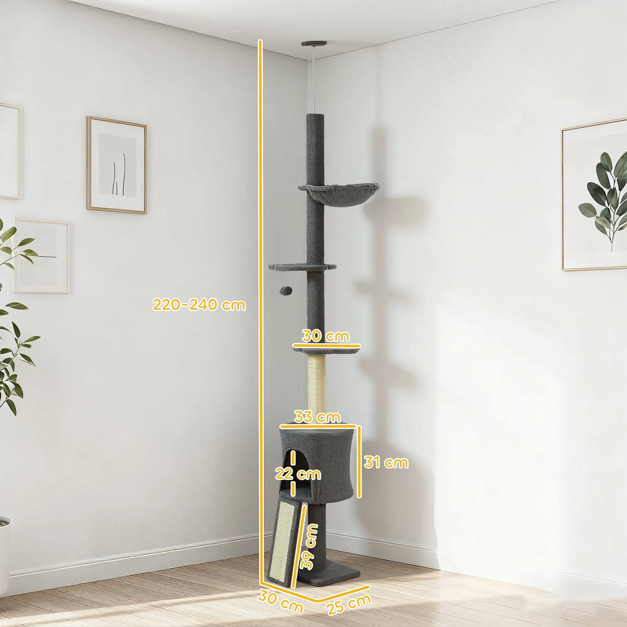 220-240cm High Ceiling Cat Tree with Hammock, House, Flower Platforms and Sisal Posts, Grey - Image 3