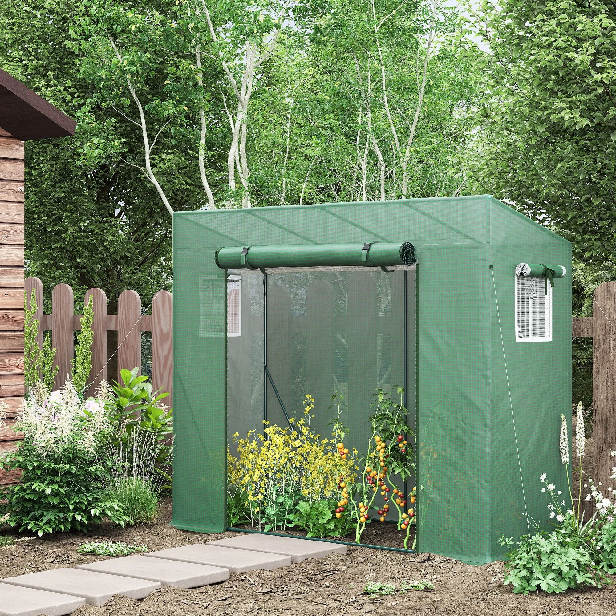 Outsunny PE and Steel Garden Greenhouse with 4 Stakes, 2 Windows and Reinforced Cover, 200x77x148-169cm - Image 2