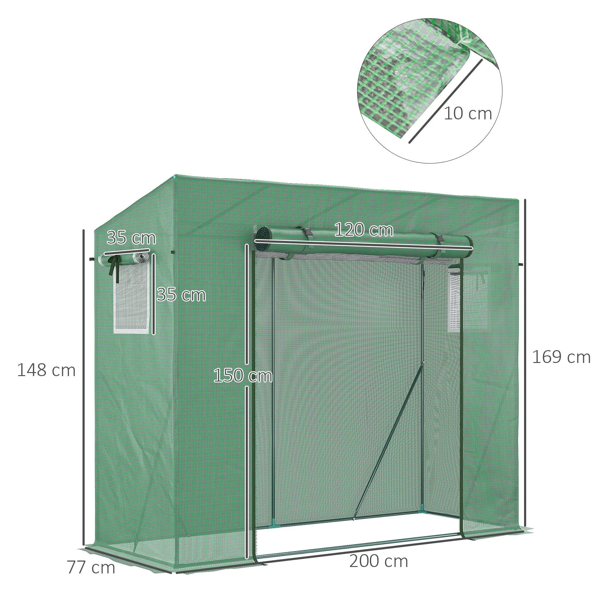 Outsunny PE and Steel Garden Greenhouse with 4 Stakes, 2 Windows and Reinforced Cover, 200x77x148-169cm - Image 3