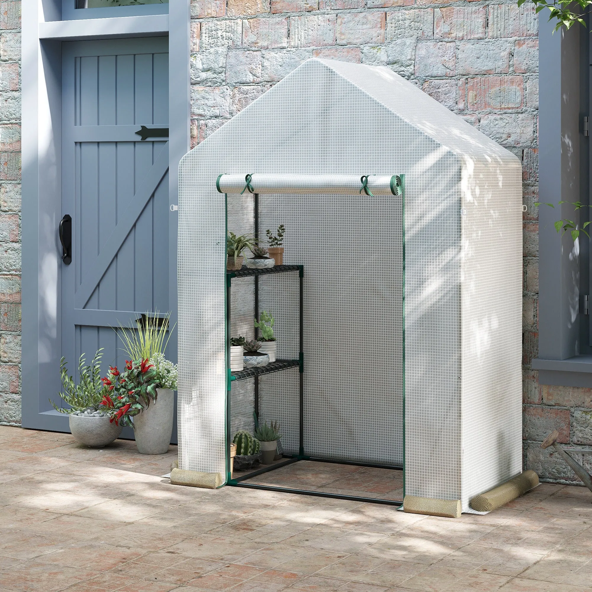 Outsunny Outdoor Garden Greenhouse in PE and Steel with 2 Shelves and Roll-Up Door, 143x73x195 cm, White - Image 2