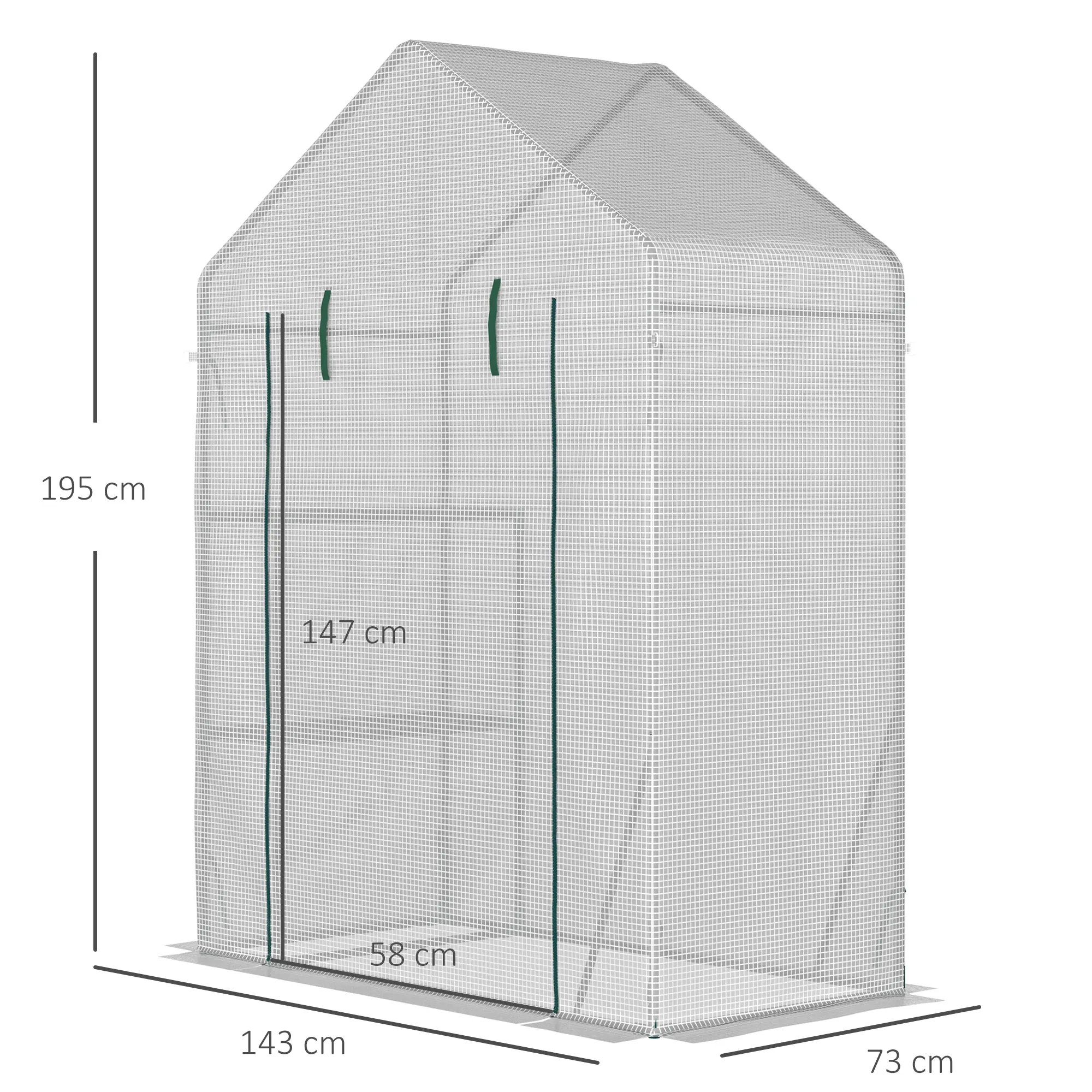 Outsunny Outdoor Garden Greenhouse in PE and Steel with 2 Shelves and Roll-Up Door, 143x73x195 cm, White - Image 3