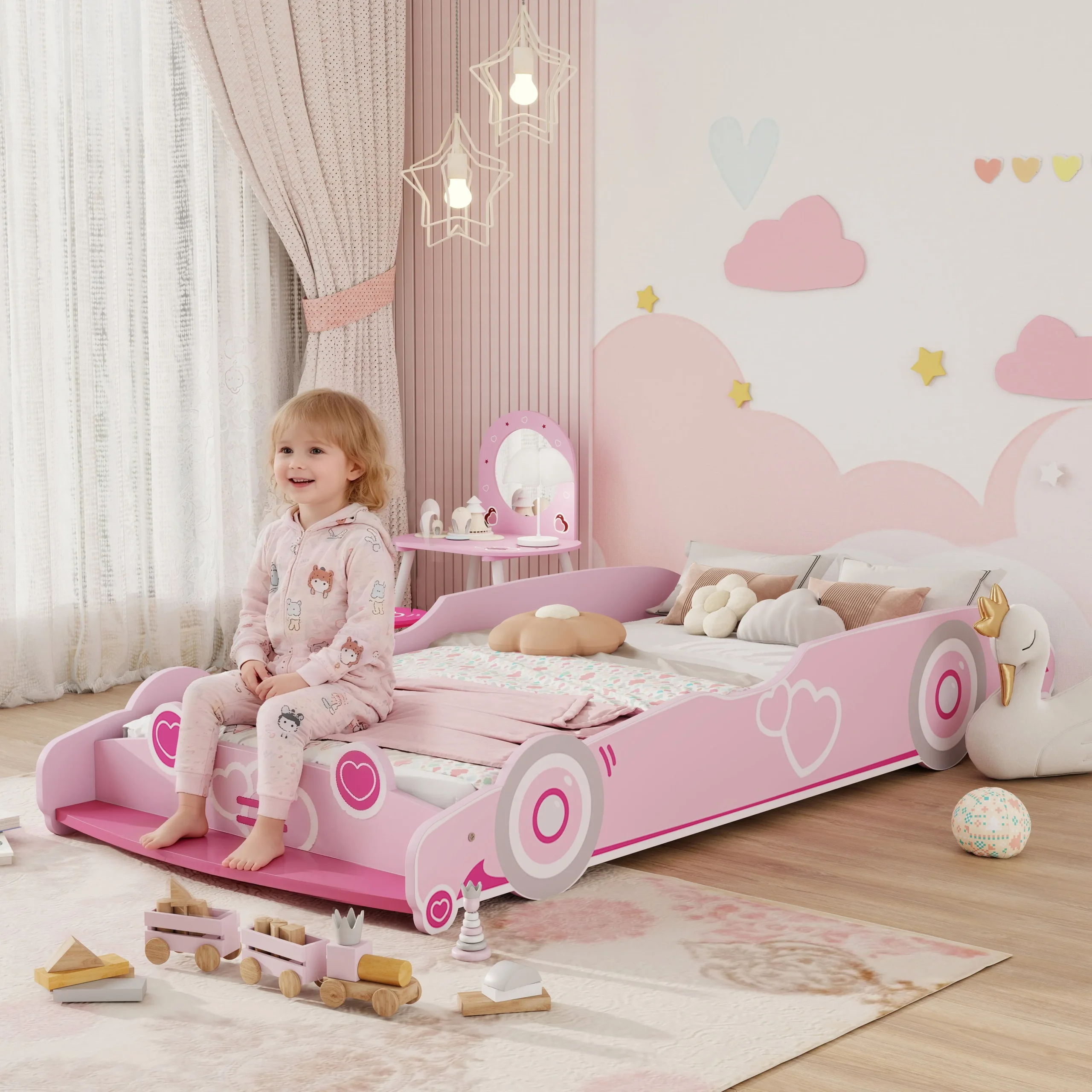 Car-Shaped Children's Bed with Raised Safety Sides for 3-5 Year Olds, 140x70 cm, Pink - Image 2