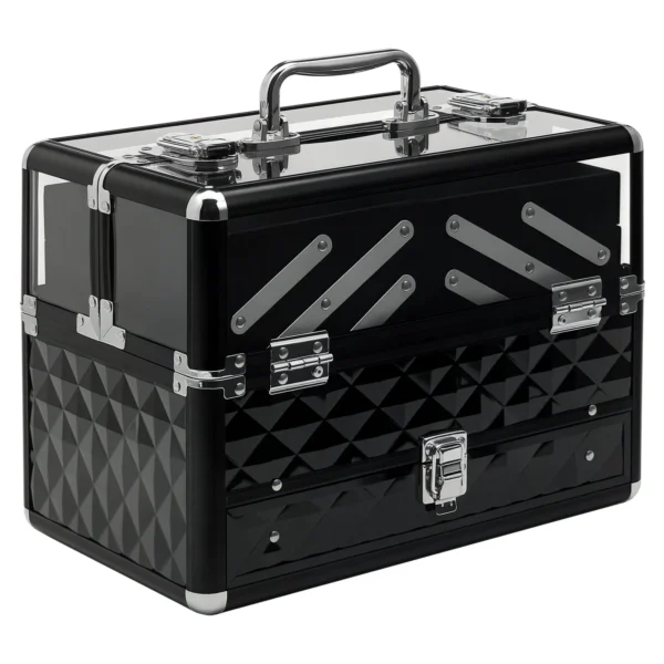 Professional Travel Makeup Case, Makeup Bag with Removable Trays and Lock, for Women's Travel Makeup Beauty Case, 30x18.5x22 cm, Black