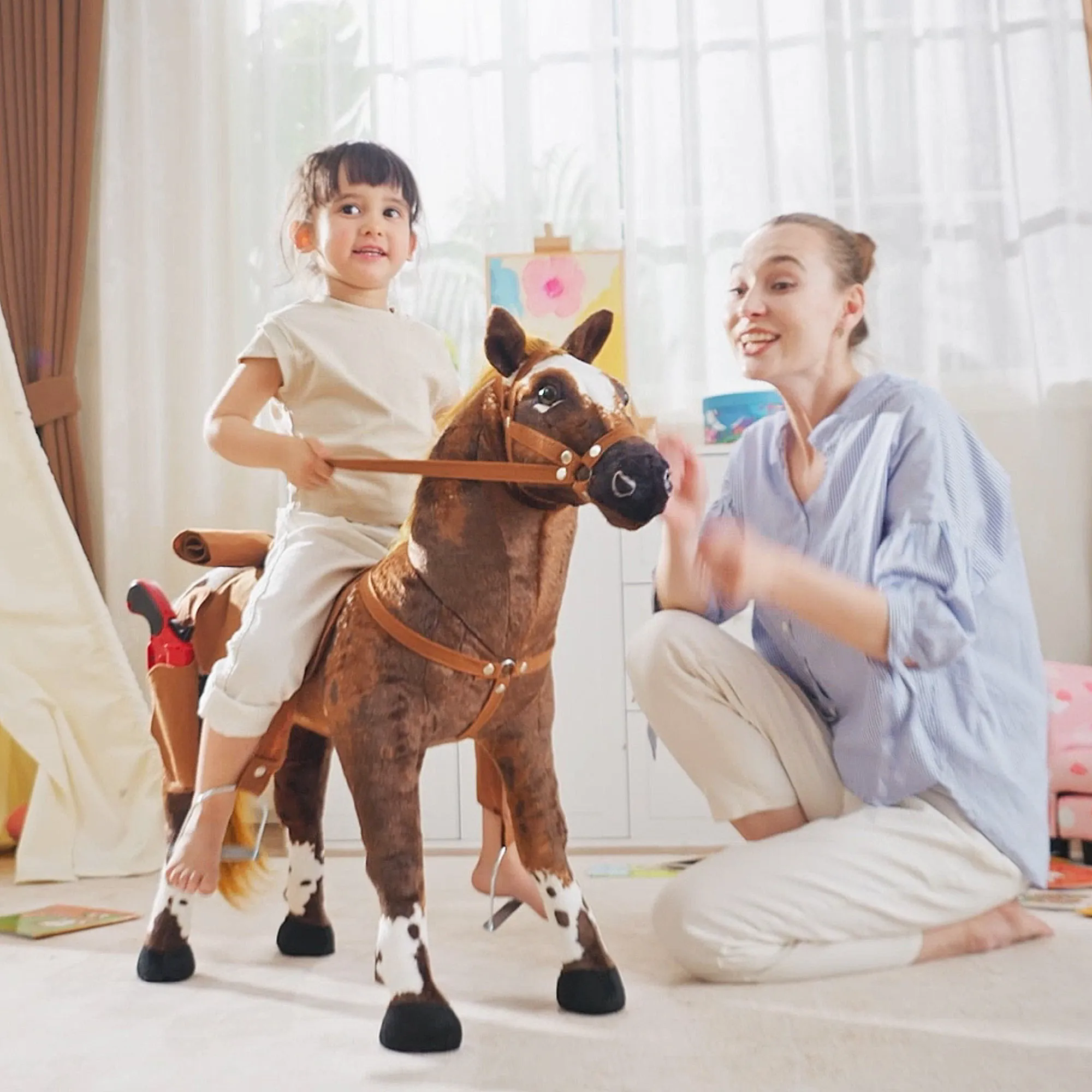 Rocking Horse for Children 2+ Years with Nitrite, Saddle and Stirrups, Plush and Metal, 85x28x60 cm, Brown - Image 2