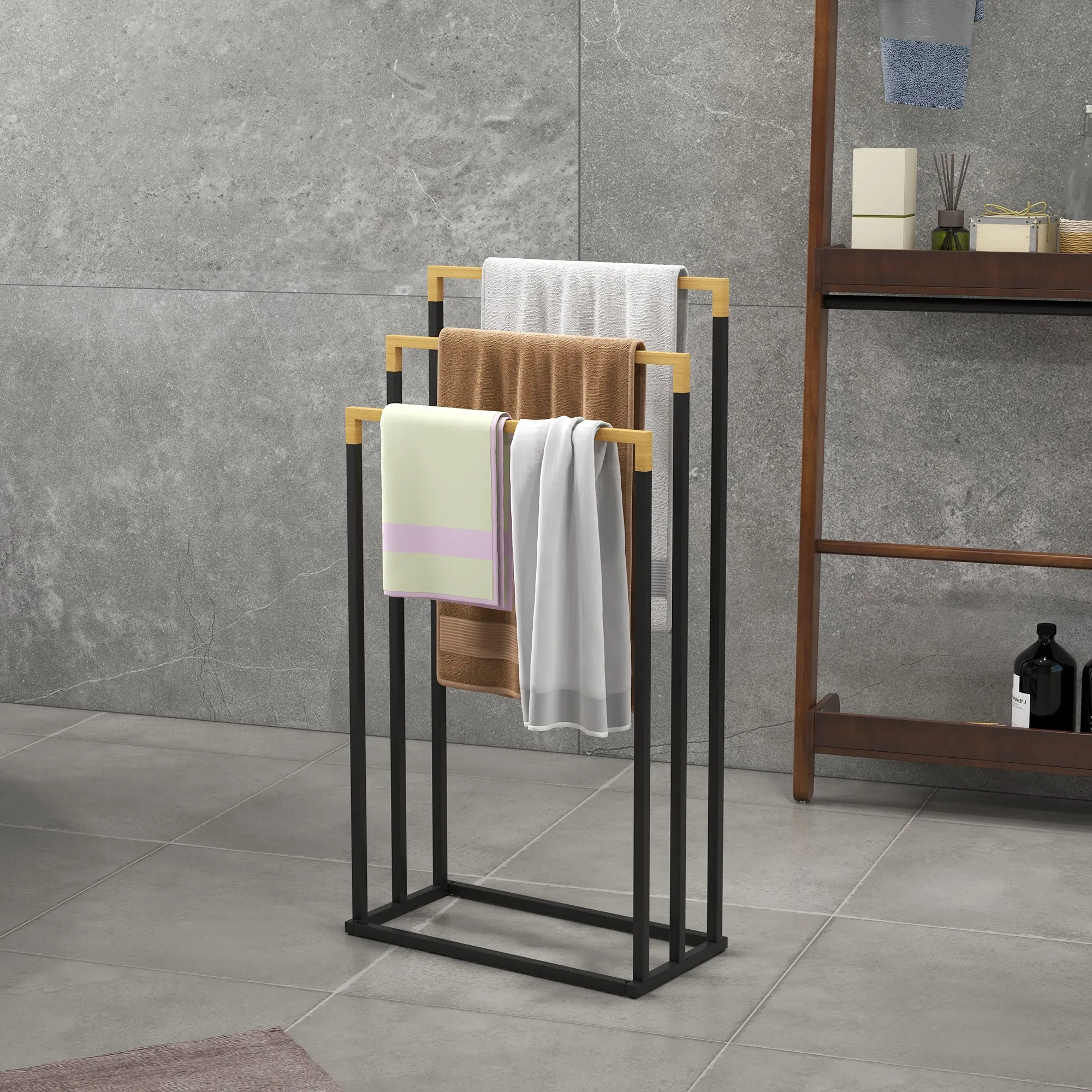 kleankin 3-Bar Bamboo and Steel Towel Rack with Freestanding Design, 45x22.5x86 cm - Image 2