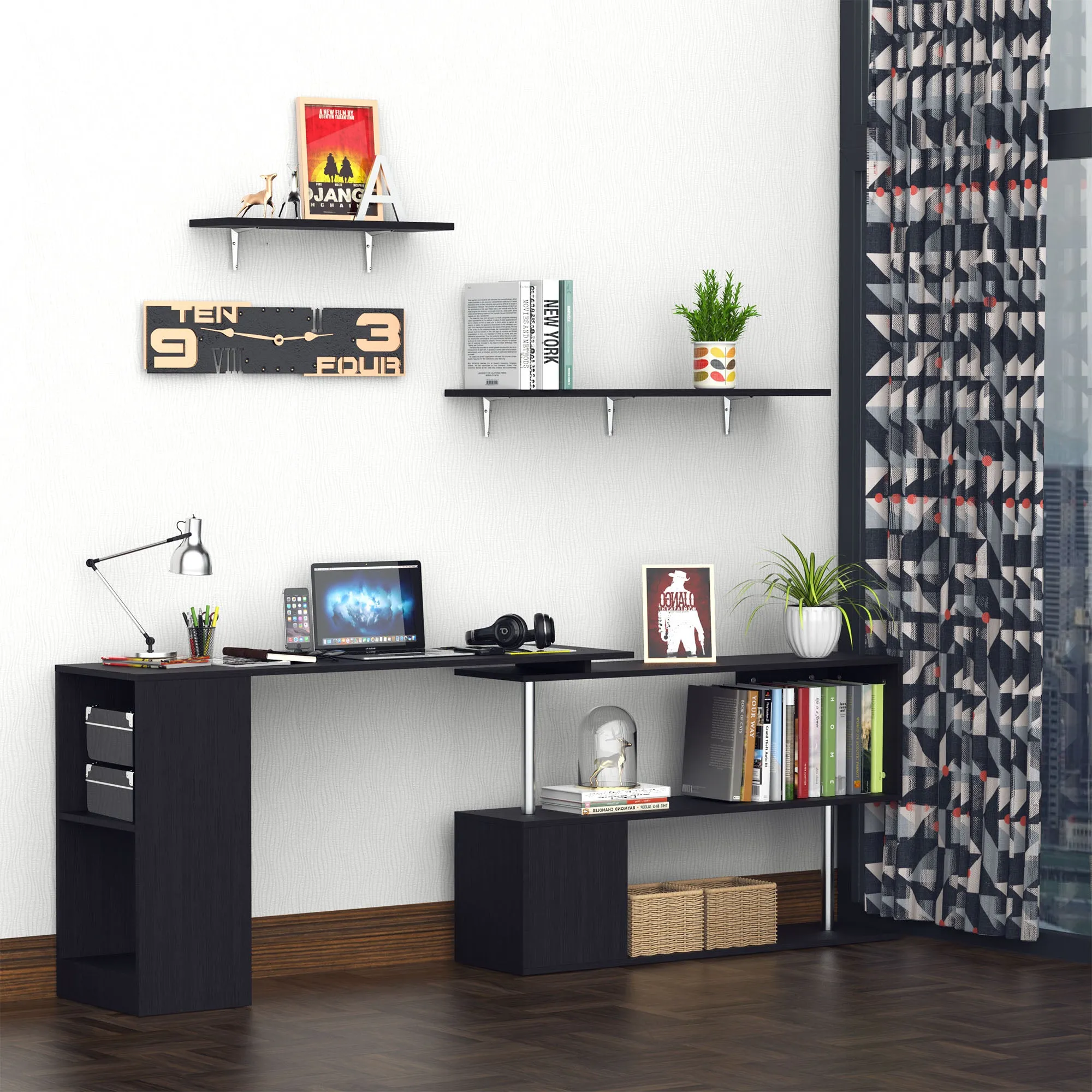 Space-Saving Corner Desk with S-Shaped Shelf, Modern Wooden Desk, 140x120x78 cm, Black - Image 2