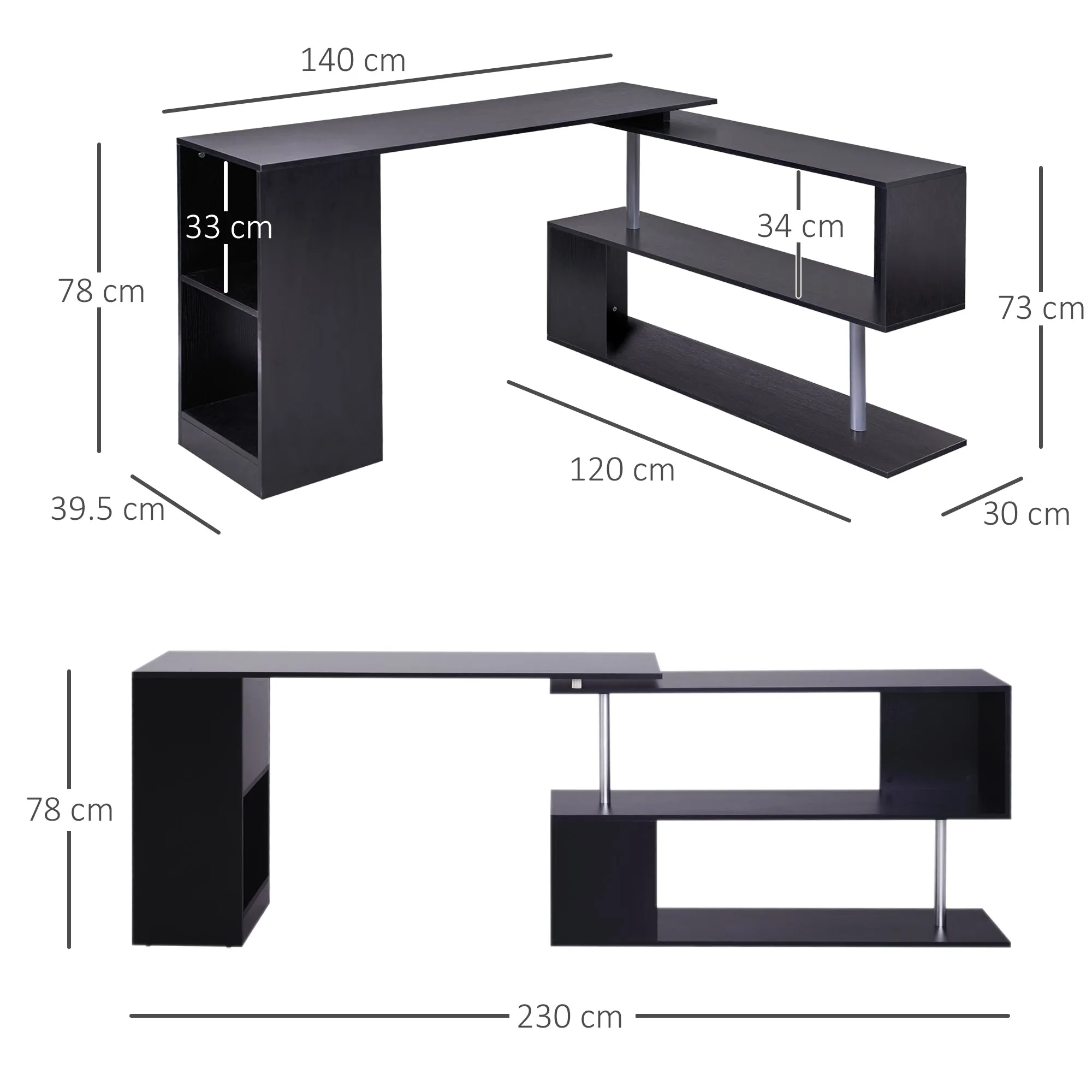Space-Saving Corner Desk with S-Shaped Shelf, Modern Wooden Desk, 140x120x78 cm, Black - Image 3