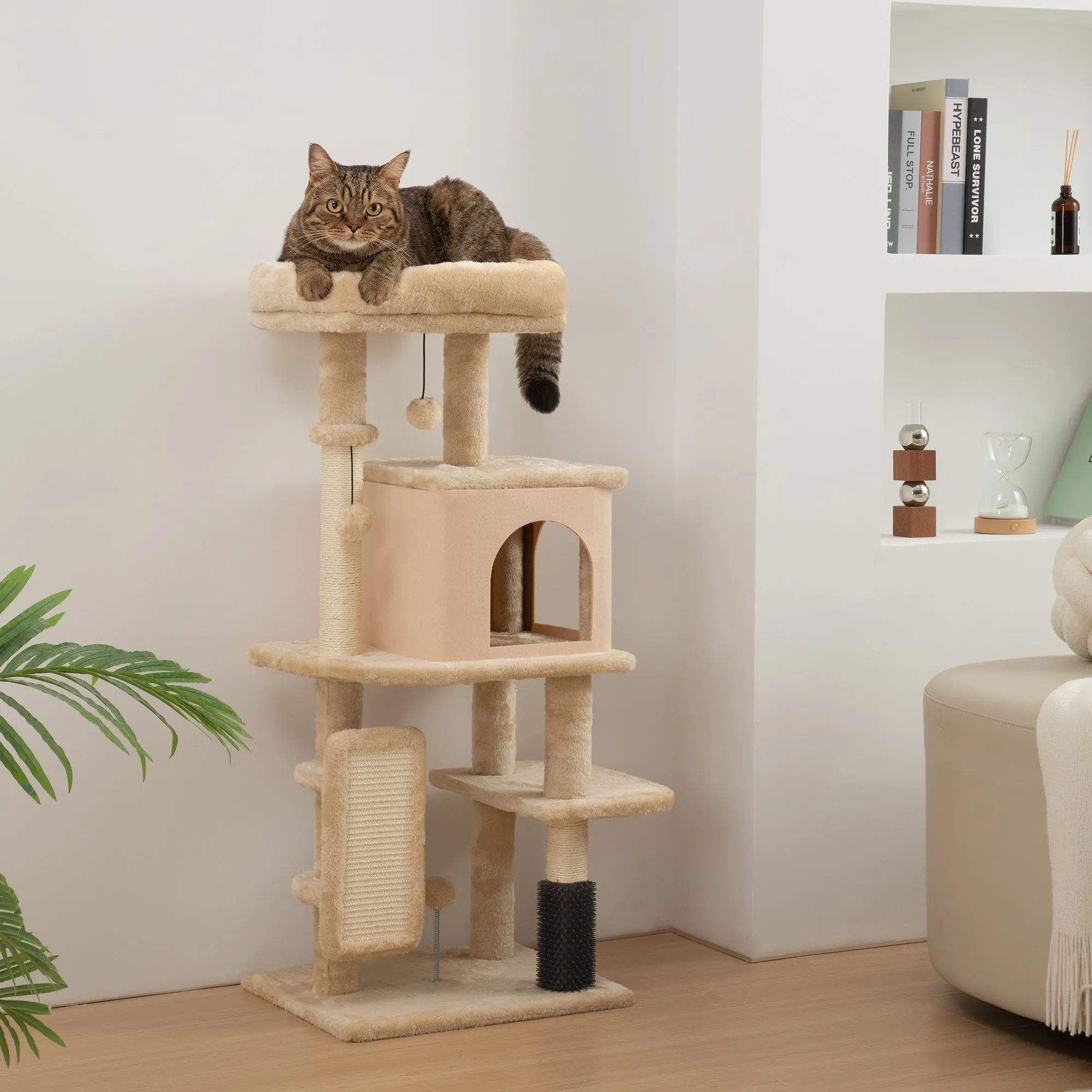 Multi-Level Cat Tree, 104 cm Tall, with House, Bed, Scratching Posts, Brush and Ball, Beige - Image 2