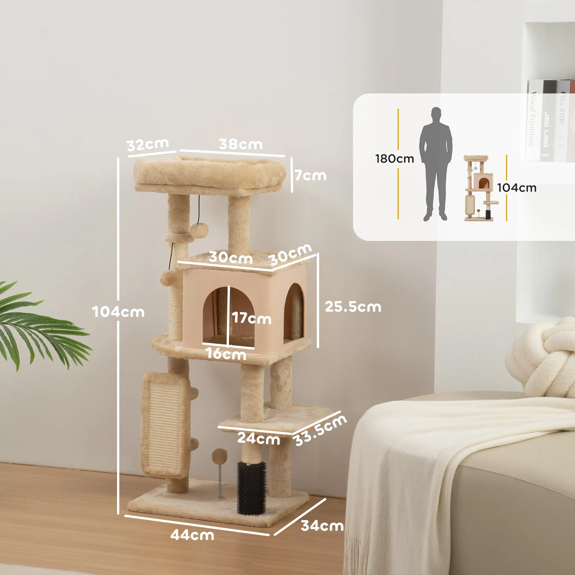Multi-Level Cat Tree, 104 cm Tall, with House, Bed, Scratching Posts, Brush and Ball, Beige - Image 3