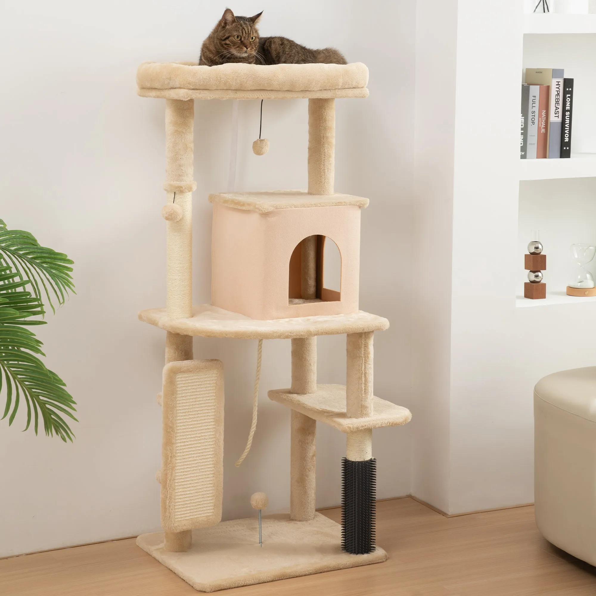 Multi-Level Cat Tree, 132 cm Tall, with House, Bed, Scratching Posts, Brush and Ball, Beige - Image 2