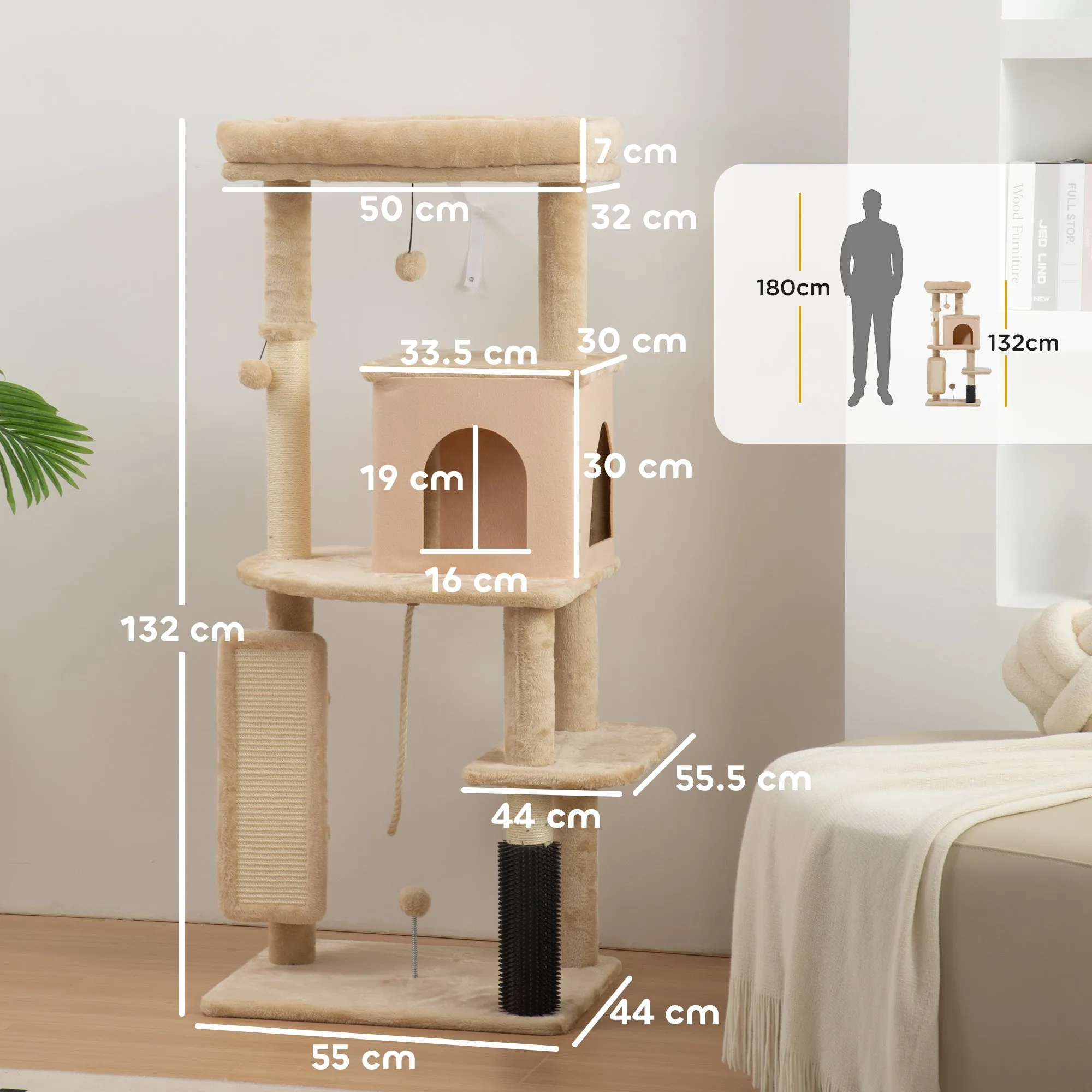 Multi-Level Cat Tree, 132 cm Tall, with House, Bed, Scratching Posts, Brush and Ball, Beige - Image 3