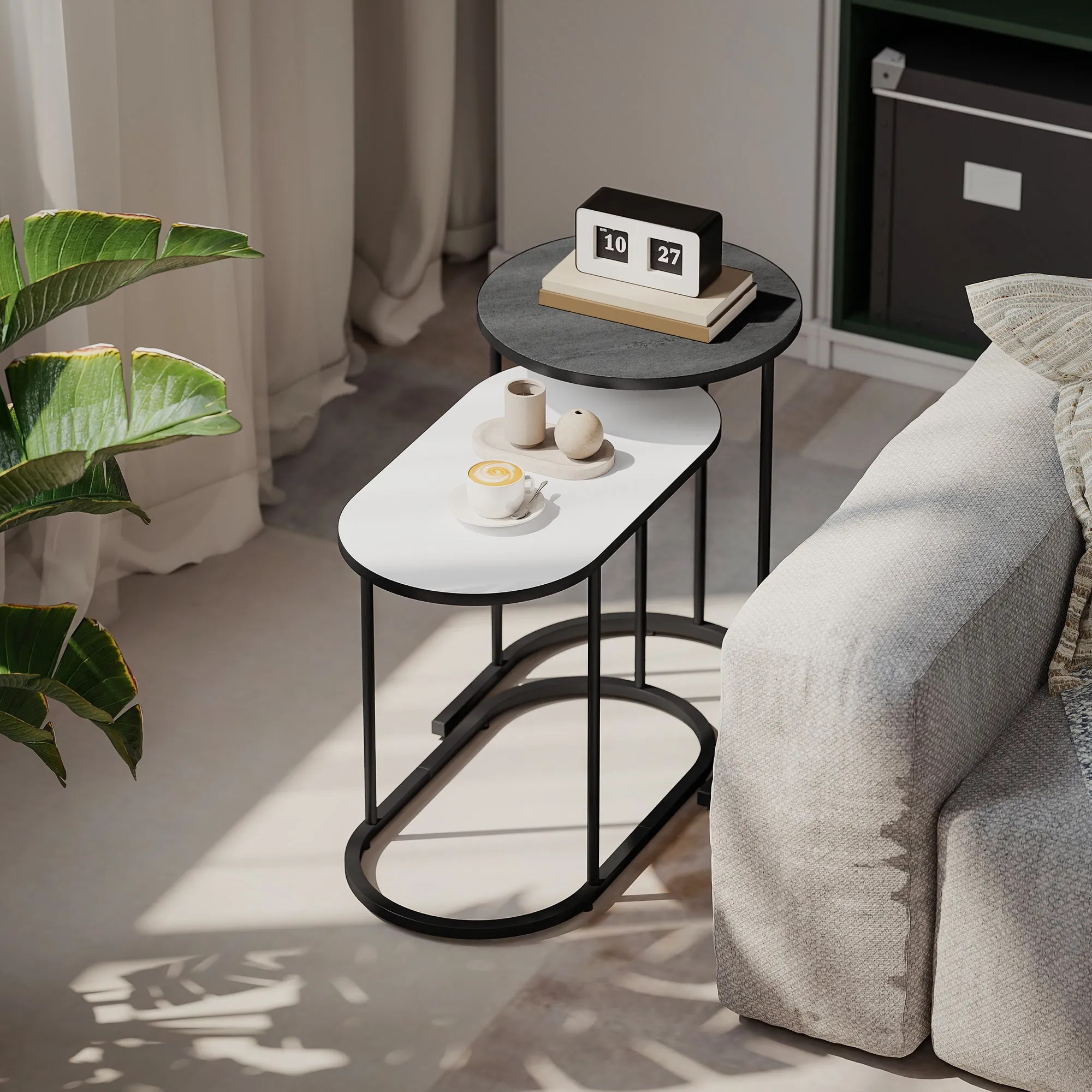 Set of 2 Stackable Coffee Tables with Metal Frame for Living Room and Office, Grey and White - Image 2