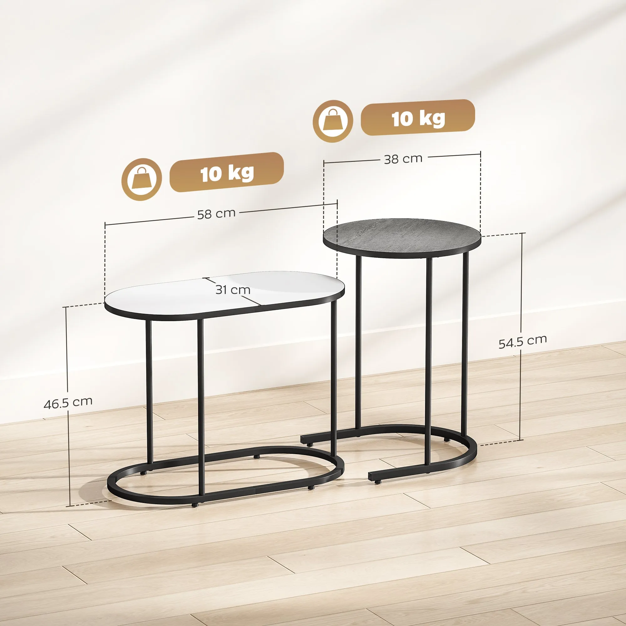 Set of 2 Stackable Coffee Tables with Metal Frame for Living Room and Office, Grey and White - Image 3