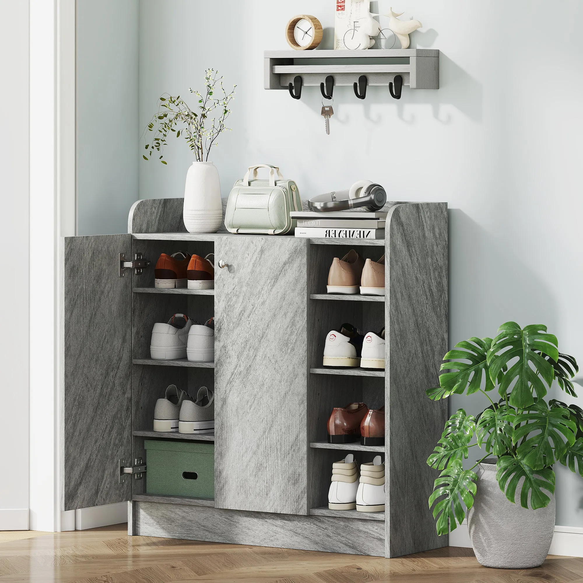 Modern Wooden Shoe Rack with 4 Open Shelves and 12-Pair Storage, 83x30x90 cm, Cement Grey - Image 2