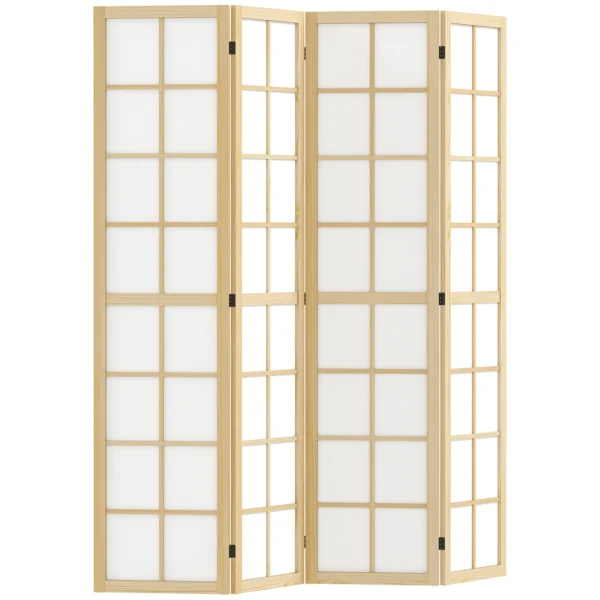 4-Panel Folding Room Divider in Wood and Fabric, 160x170 cm, Wood and White Color