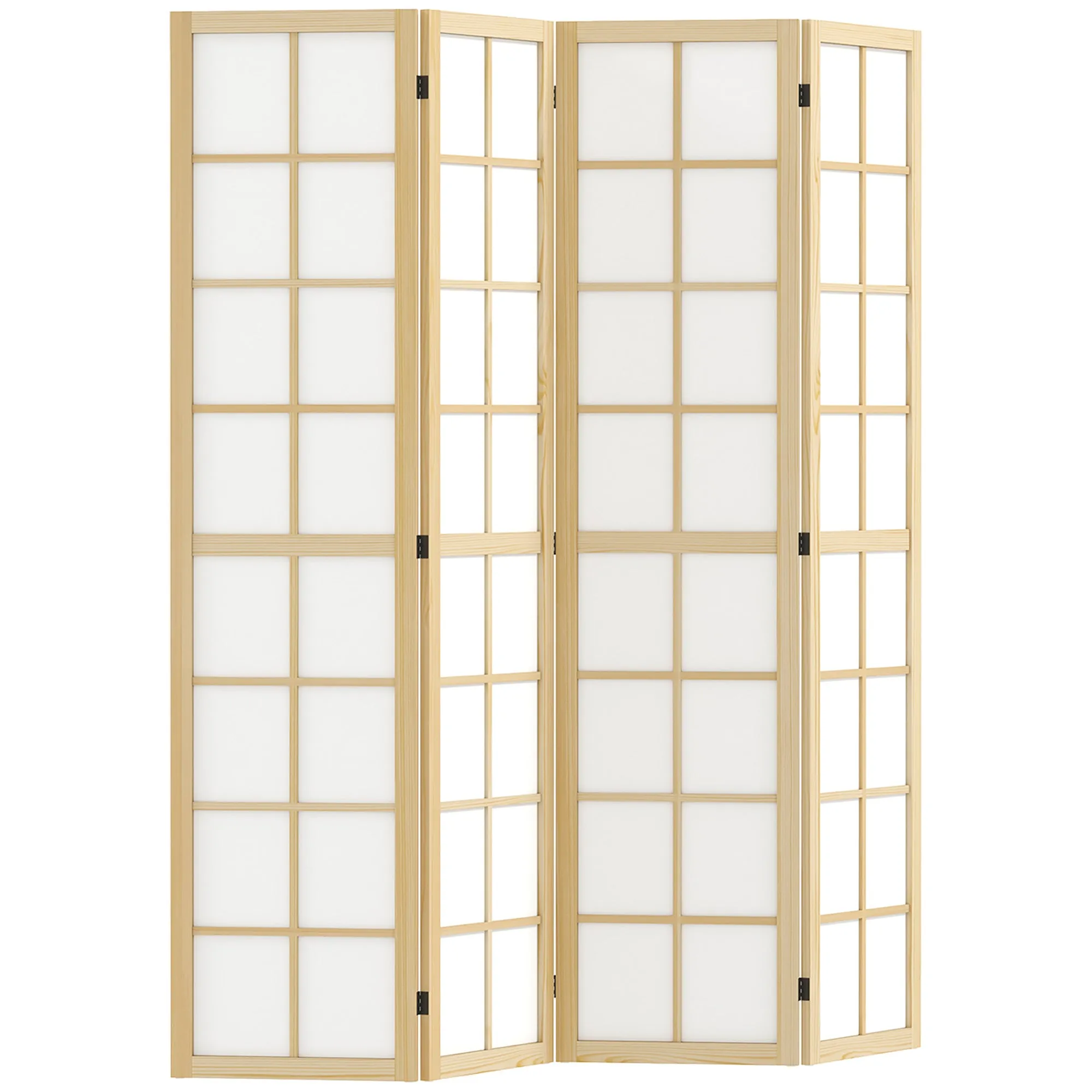 4-Panel Folding Room Divider in Wood and Fabric, 160x170 cm, Wood and White Color