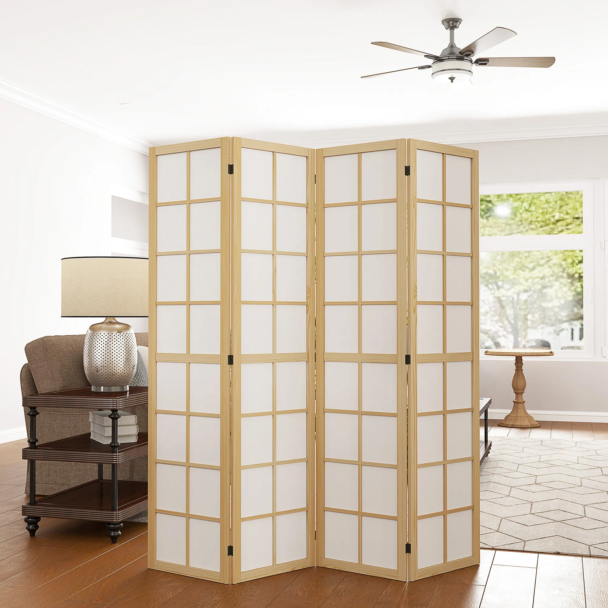 4-Panel Folding Room Divider in Wood and Fabric, 160x170 cm, Wood and White Color - Image 2