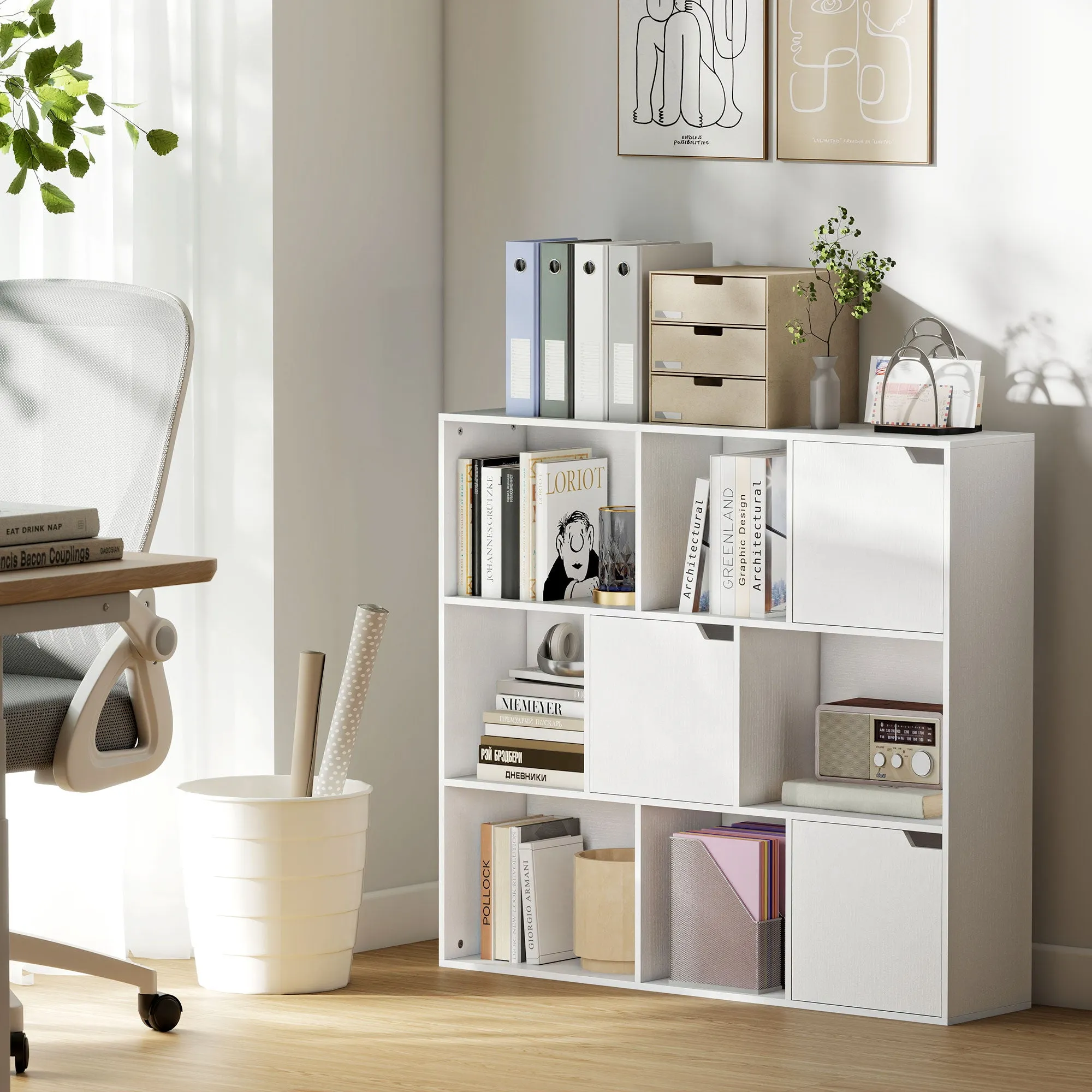 Cube Bookcase with 6 Open and 3 Closed Sections, White Wood, 106x24x95 cm - Image 2