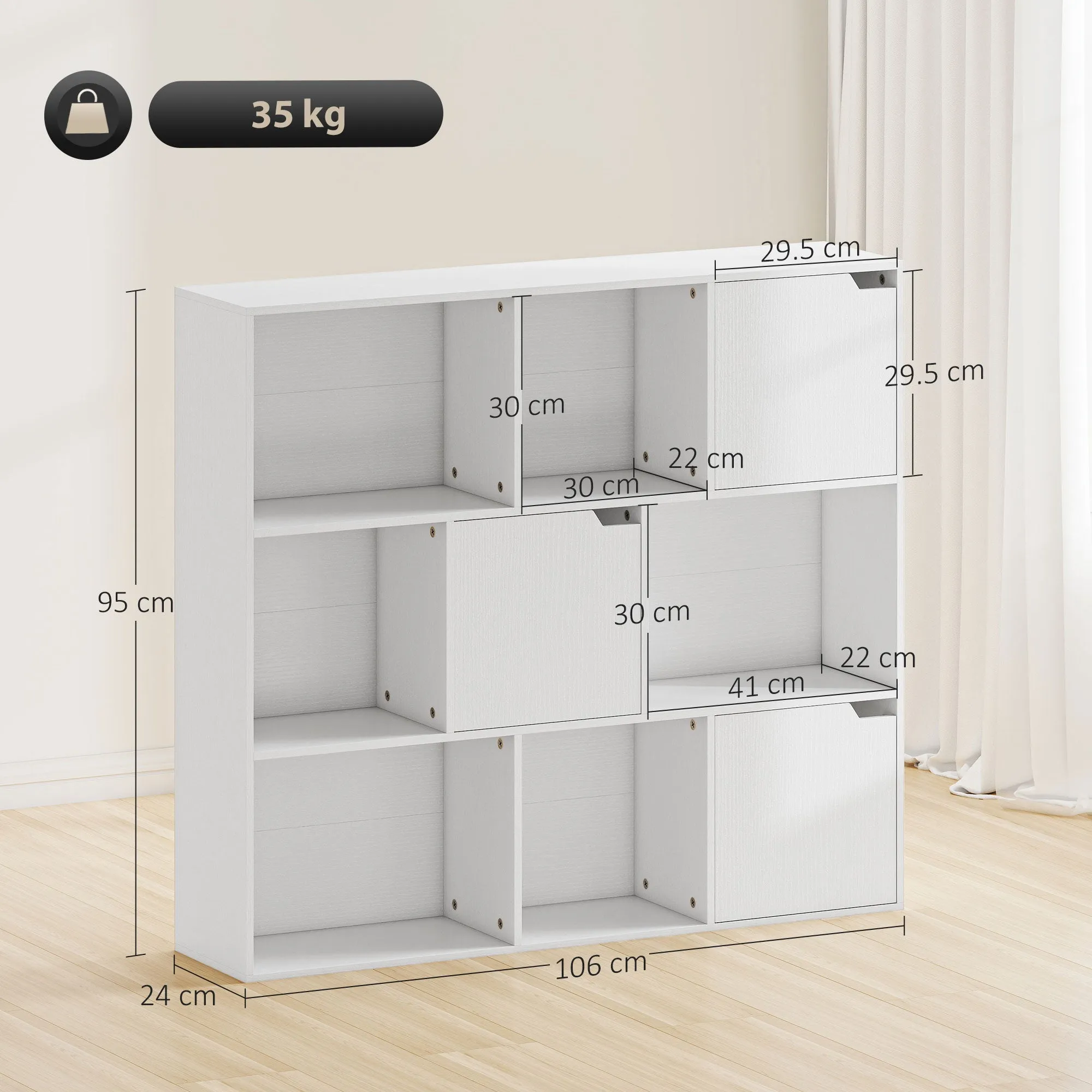 Cube Bookcase with 6 Open and 3 Closed Sections, White Wood, 106x24x95 cm - Image 3