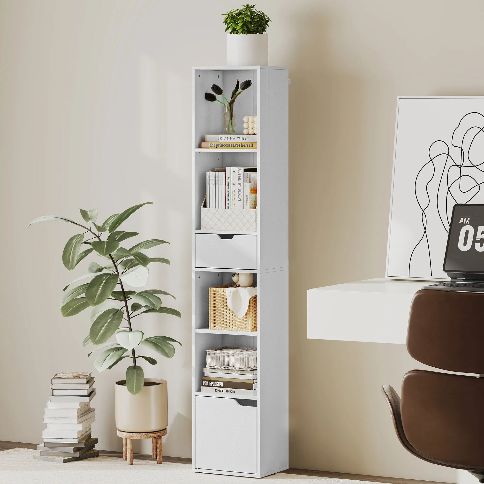 4-Tier Open Bookcase with Cabinet and Drawer, 30x24x158 cm, White Wood - Image 2
