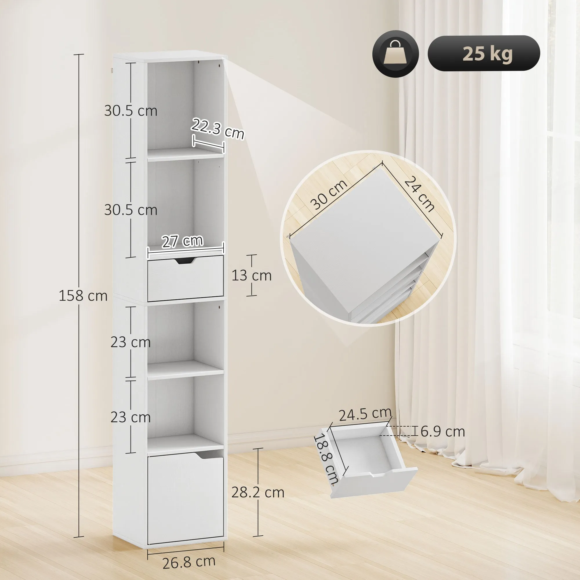 4-Tier Open Bookcase with Cabinet and Drawer, 30x24x158 cm, White Wood - Image 3