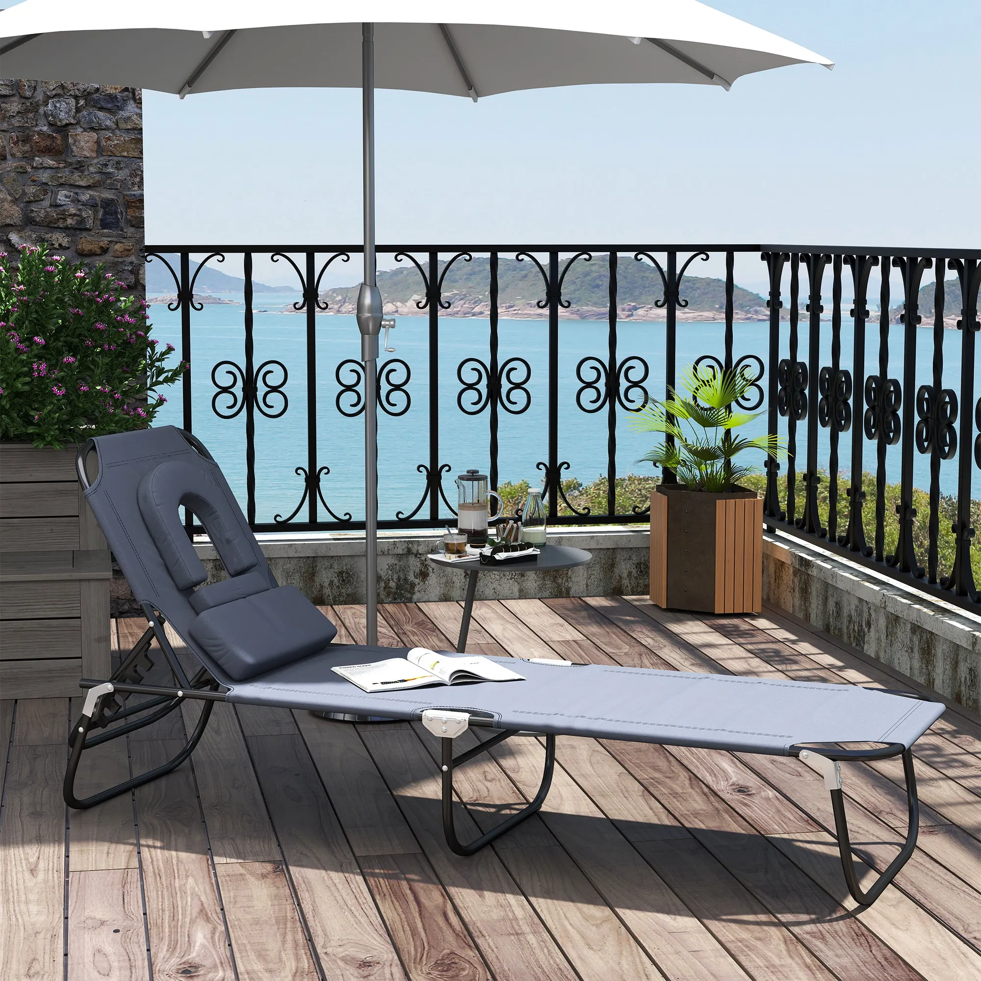 Outsunny Folding Outdoor Lounger with Face Hole and Cushions, Garden Sun Lounger, Beach and Camping, Grey - Image 2