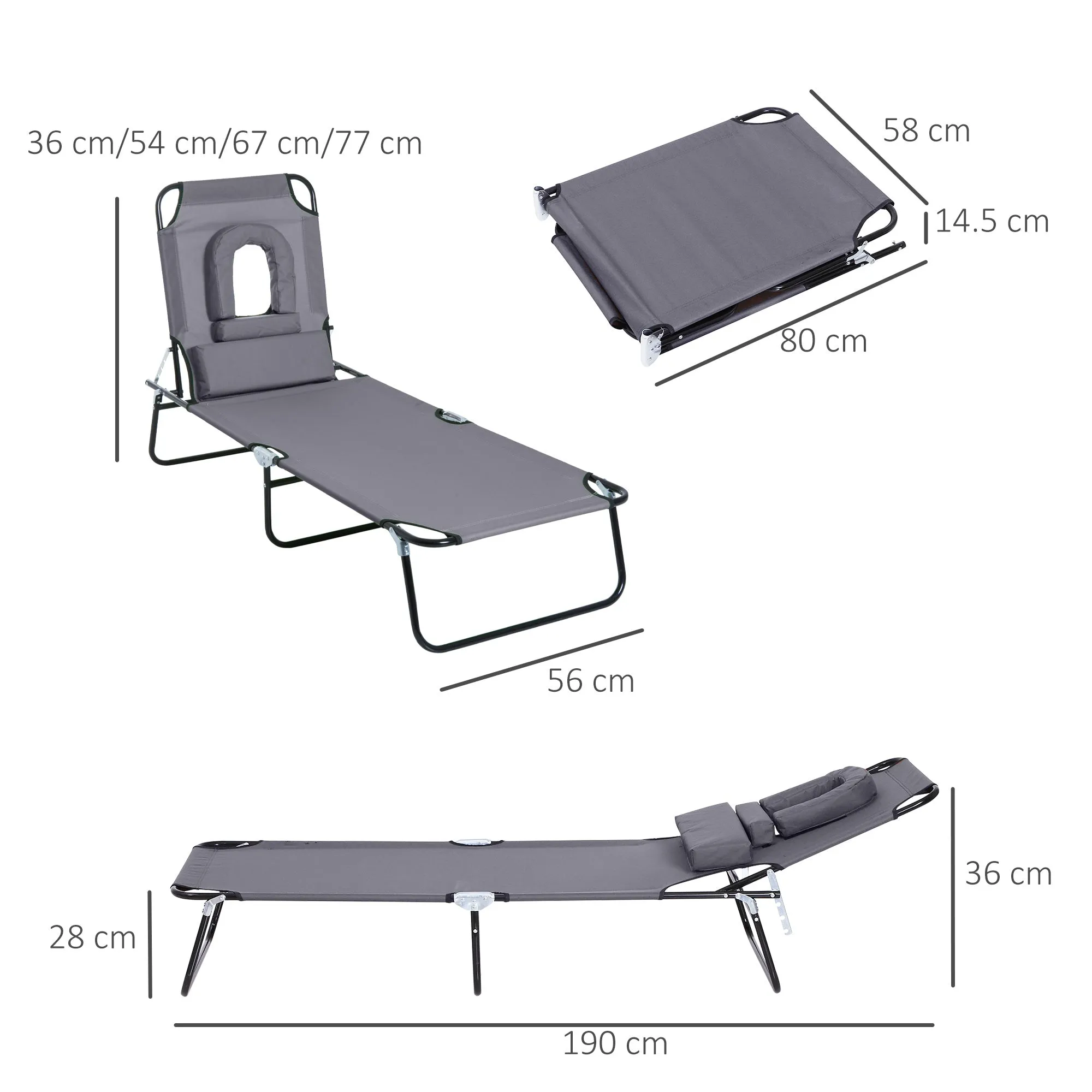 Outsunny Folding Outdoor Lounger with Face Hole and Cushions, Garden Sun Lounger, Beach and Camping, Grey - Image 3